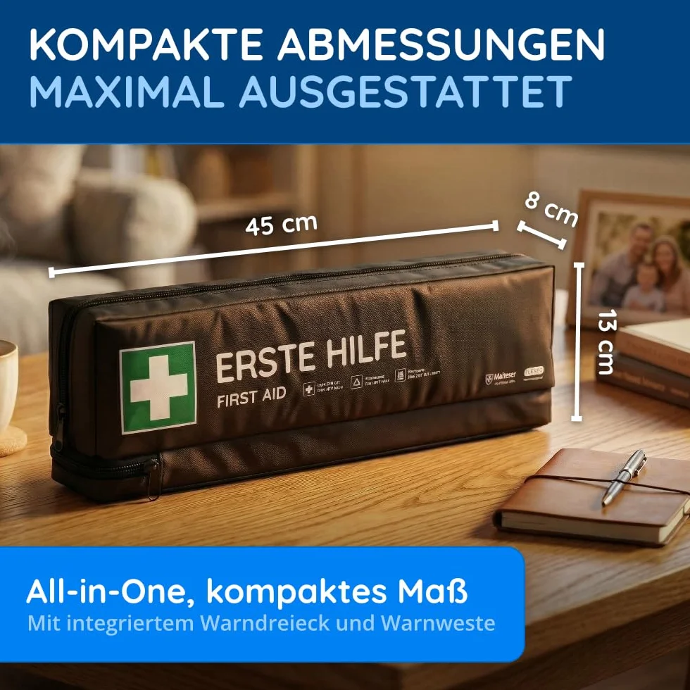 FLEXEO Apteczka samochodowa z trójkątem ostrzegawczym i kamizelką ostrzegawczą DIN 13164 – apteczka pierwszej pomocy – zestaw pierwszej pomocy do samochodów osobowych – motocykli – czarna – apteczka pierwszej pomocy