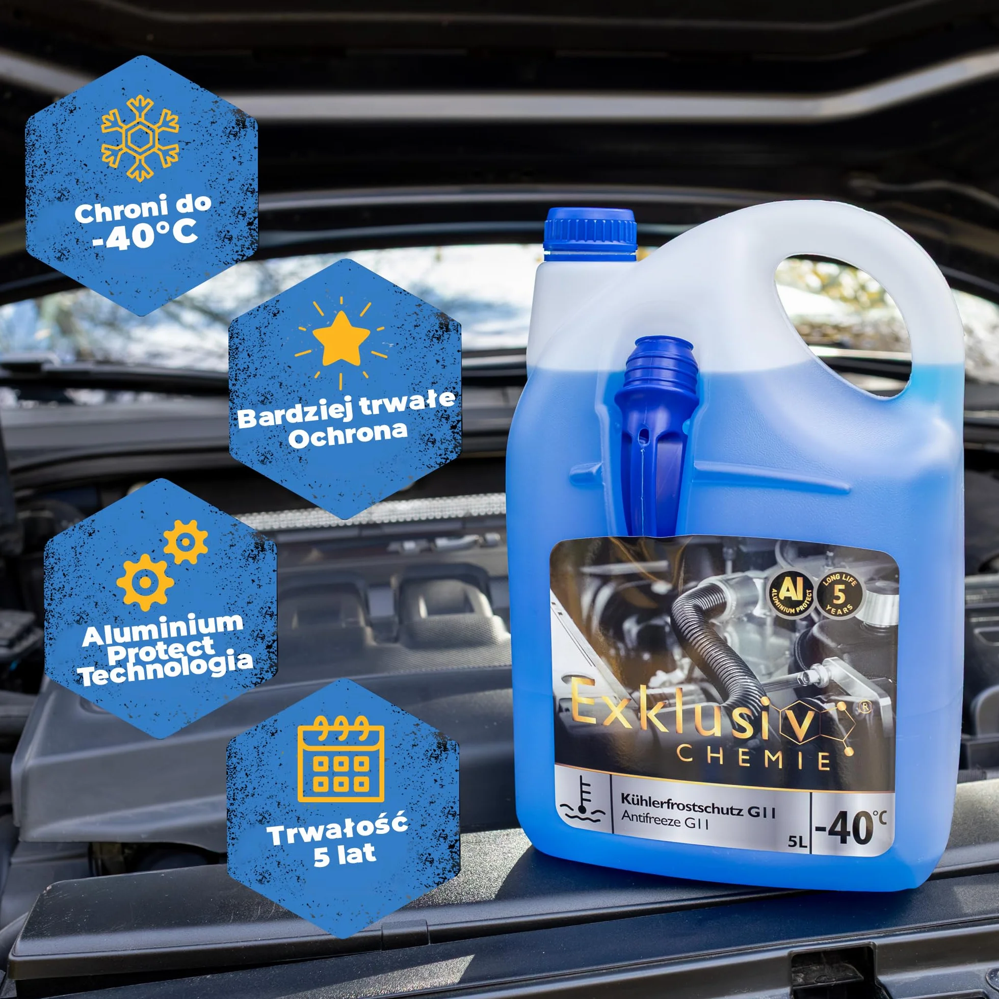 Exklusiv Chemie G11 Płyn chłodniczy do -40 °C – 5 litrów – 5 lat | Antifreeze do silnika | Płyn chłodzący G11 niebieski | Gotowy do użycia | z lejkiem do napełniania