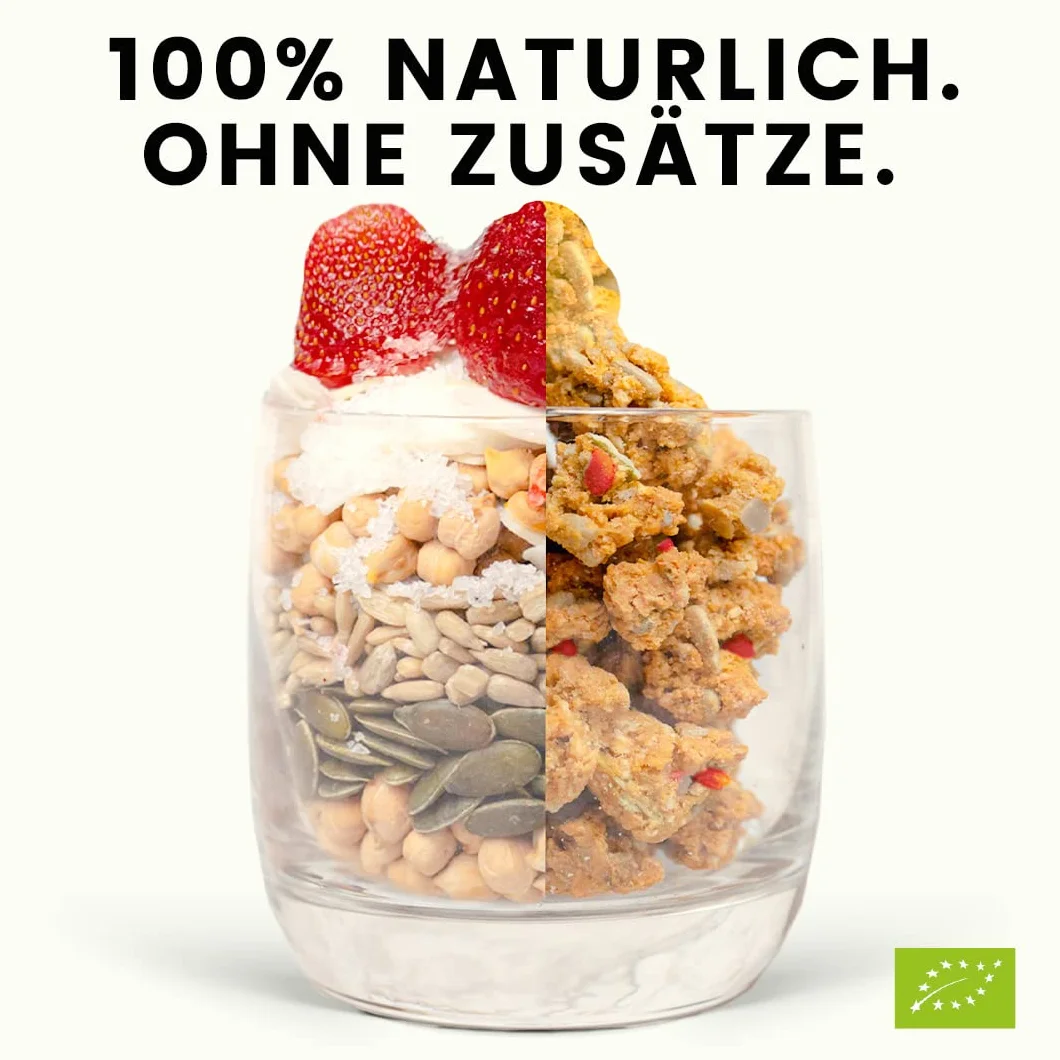 Planet Plant-Based Bio Granola Kichererbsen Truskawkowy kokos 320 g Bez glutenu Proteinreich Vegan Ballaststoff