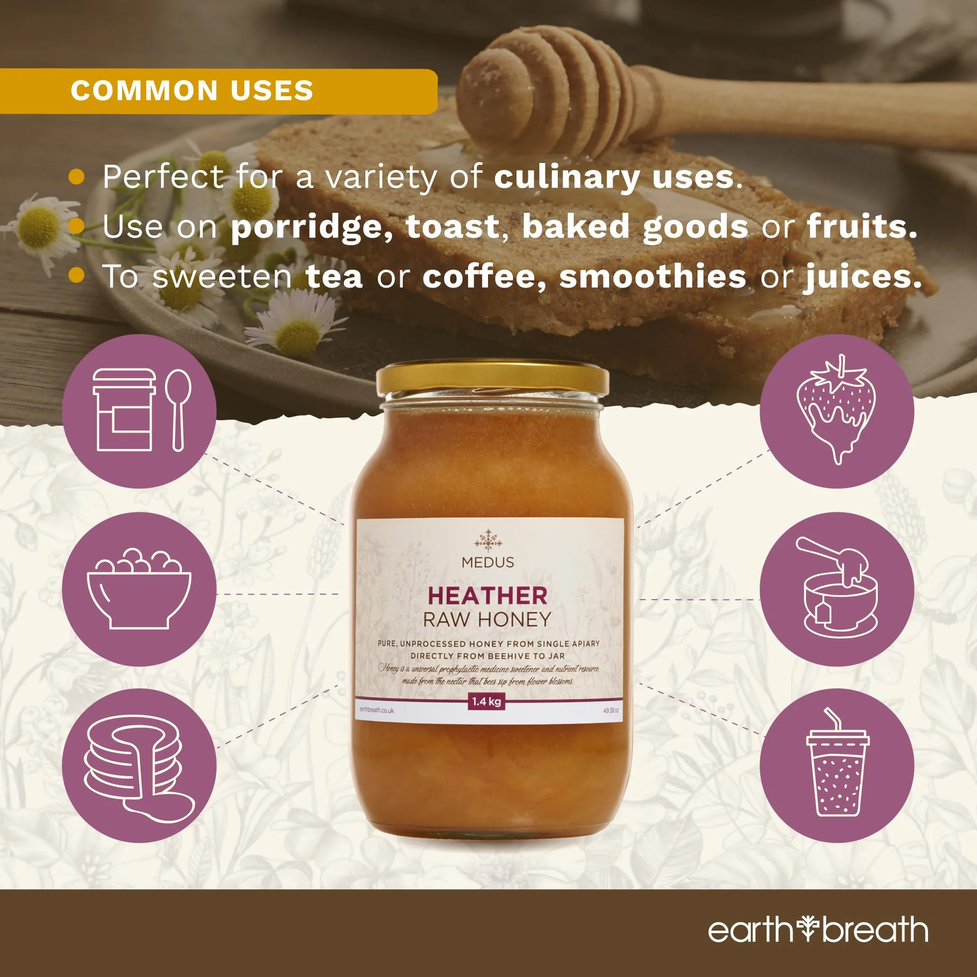 Earthbreath Wild Ling Heather Raw Honey - 1,4 kg - czysty, nieprzetworzony, niepasteryzowany - z pojedynczej pasiery, naturalny słodzik do gotowania, herbaty, soku, napojów, żywności - szklany słoik