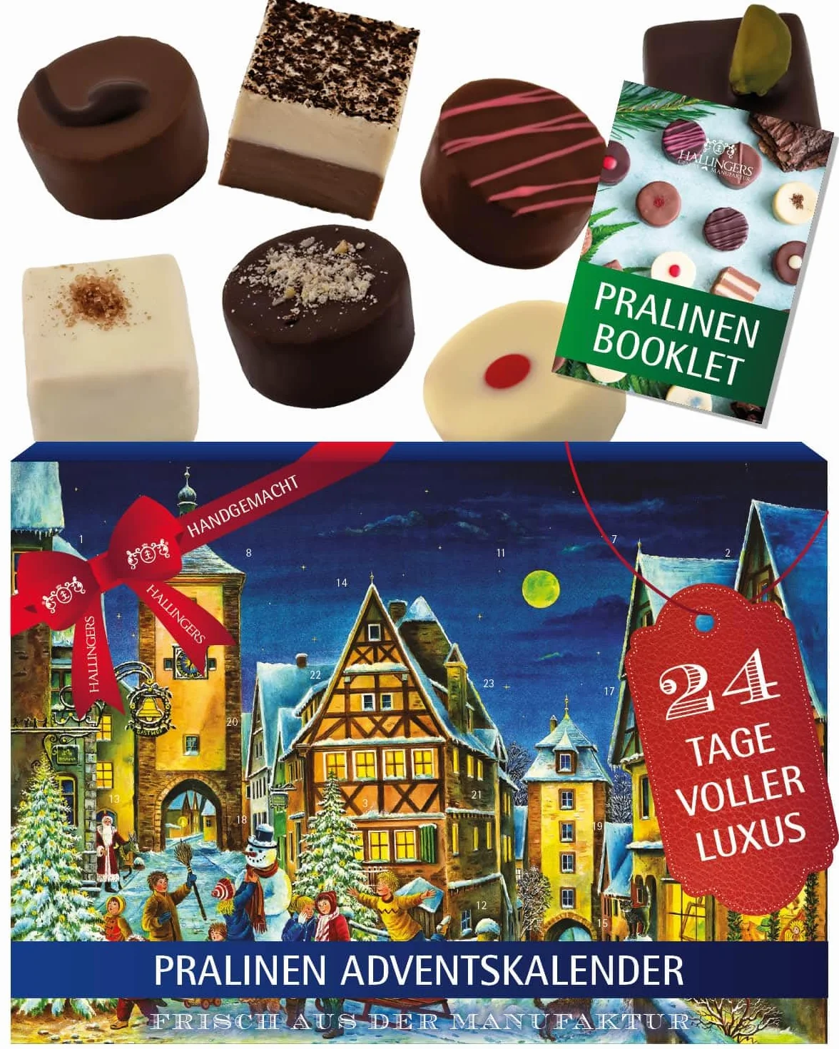 Hallingers Rothenburg – czekoladowy kalendarz adwentowy 2025, pralinki, wysokiej jakości, ręcznie wykonany bez alkoholu, wysokiej jakości opakowanie (pudełko) – pomysły na prezent na Boże Narodzenie i