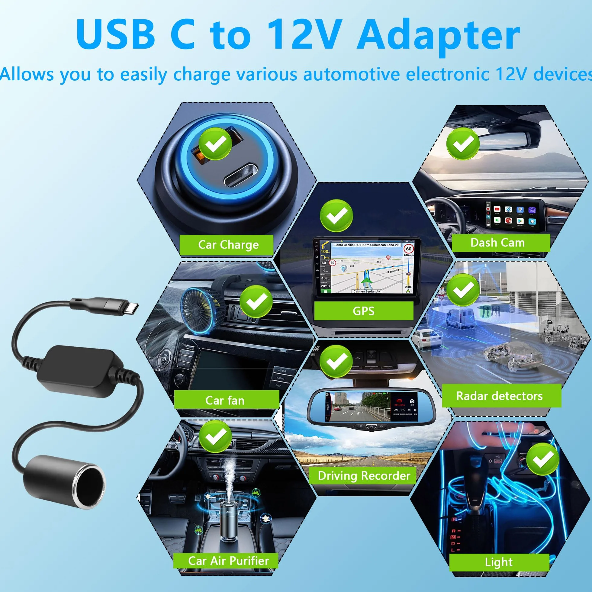CERRXIAN 0,3 m USB C męski na 12 V 18 W adapter gniazda zapalniczki samochodowej kabel zasilający do kamery samochodowej, detektora radaru, GPS, samochodowych pasków świetlnych LED i innej elektroniki