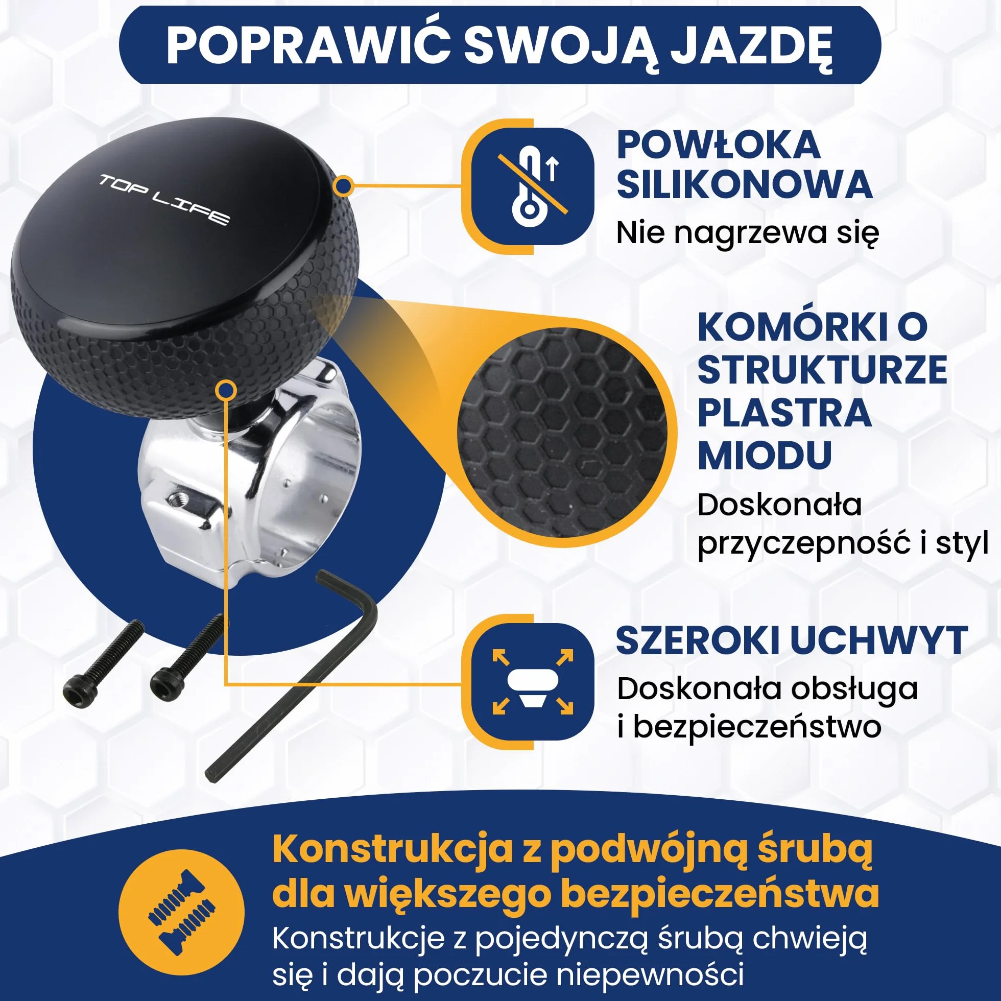 Gałka kierownicy ciężarówki - Specjalne pokrętło XL do grubych kierownic - Lepszy chwyt - do samochodów ciężarowych, dostawczych, lekkich ciężarówek, kierownic sportowych i tuningowych