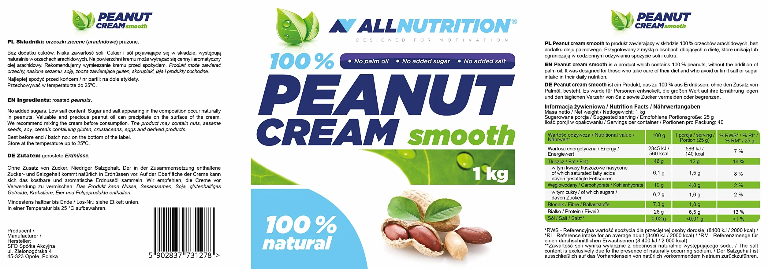 ALLNUTRITION Krem Orzechowy - Masło Orzechowe Gładkie Bez Dodatku Cukru - 100% Naturalne Masło Orzechowe - Niskolaryczne Masło Orzechowe - Zdrowa Przekąska - 1000g