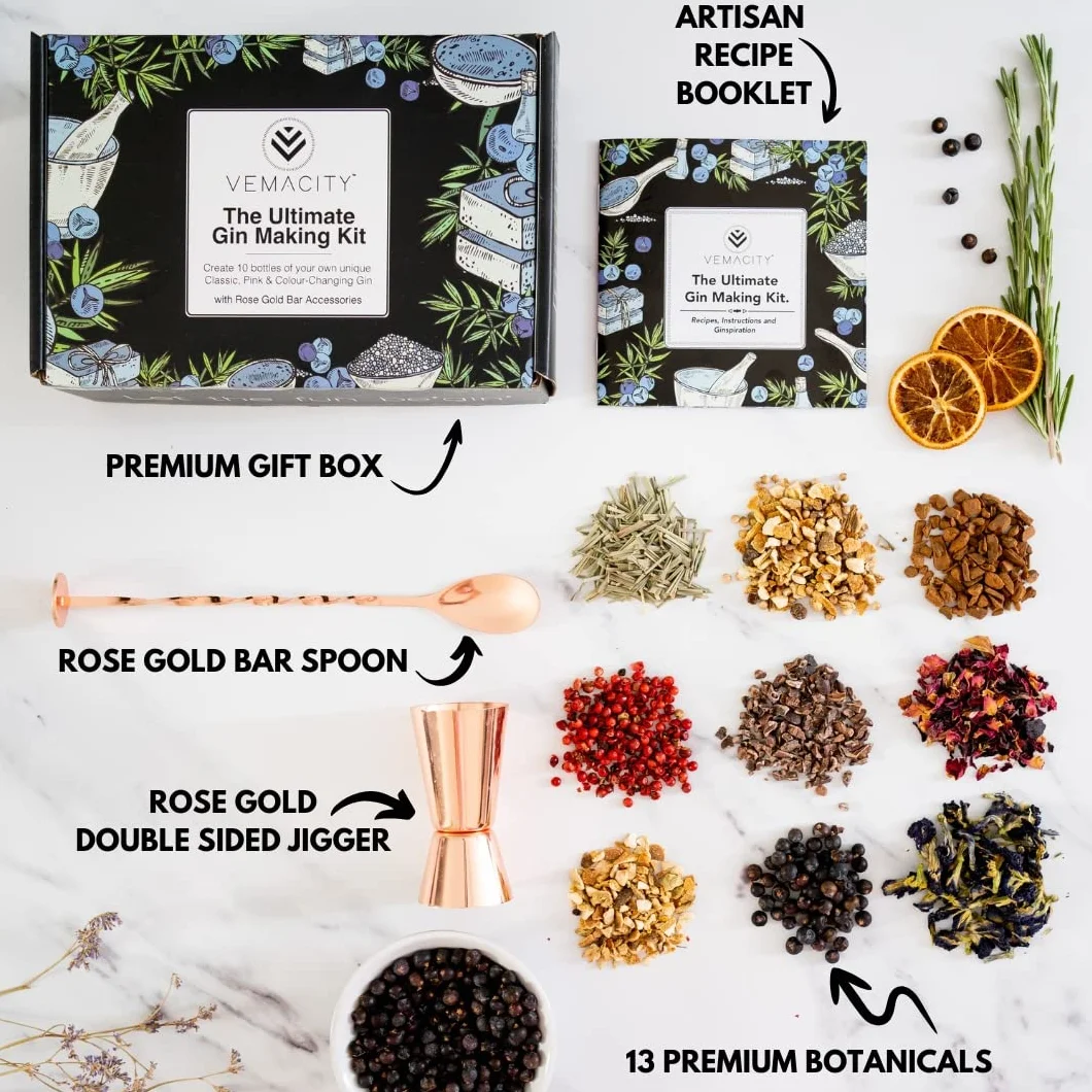 Gin Making Kit Create 10 Bottles Classic Colour Changing Pink Gin Gift Set 13 Botanicals Recipe Book Rose Gold Accessories