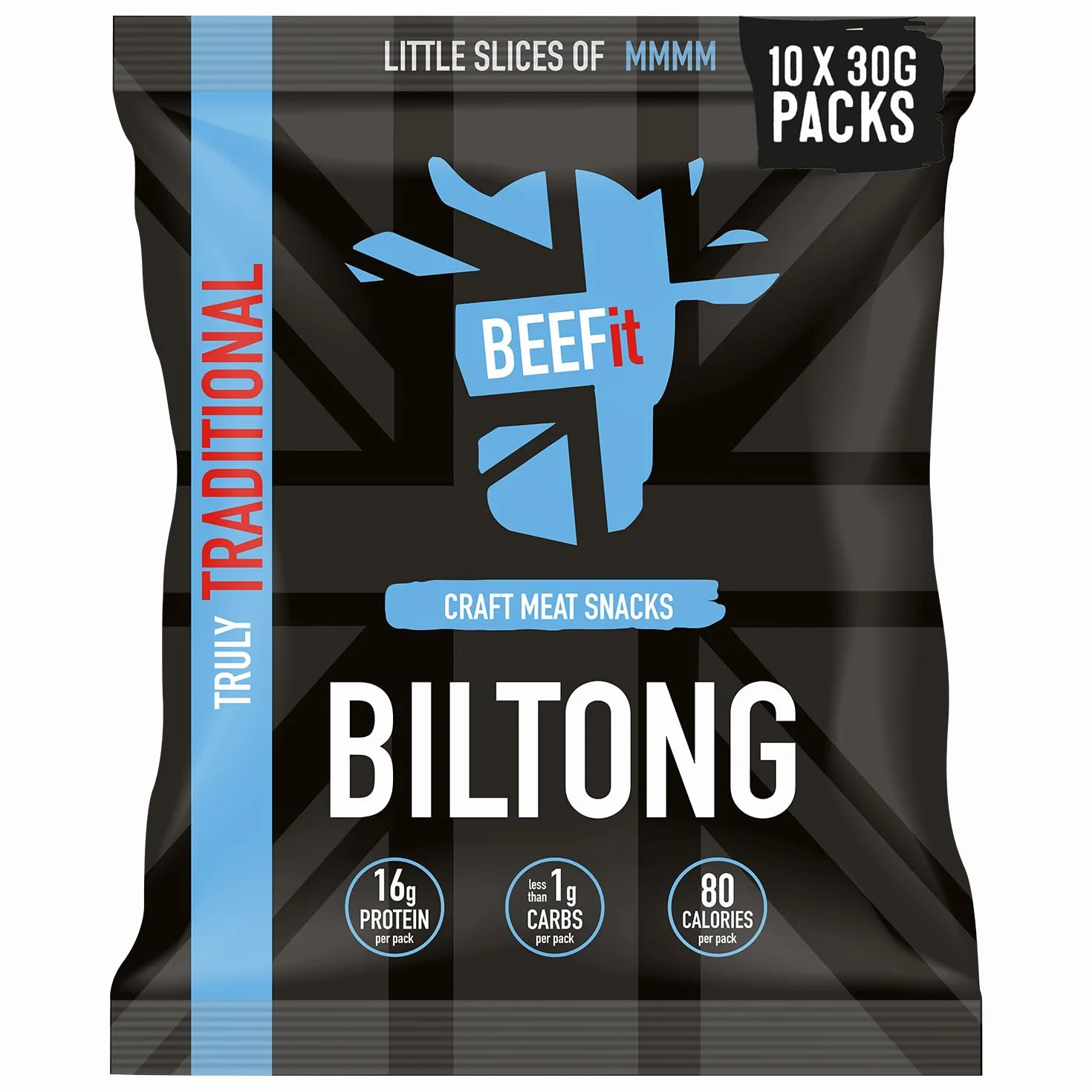 BEEFit Biltong Beef Jerky, przekąska proteinowa, niskowęglowodanowe, niskokaloryczne przekąski, 100% wołowina, biltong bezglutenowy, zdrowa przekąska keto w podróży – tradycyjna suszona mięso, duże