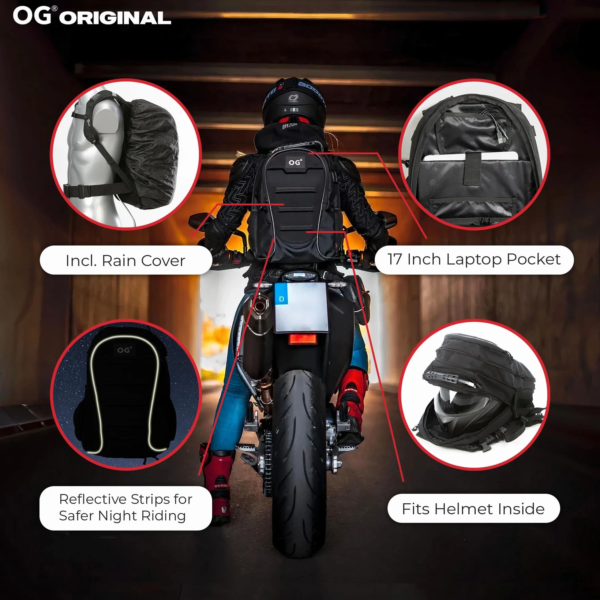 OG Original CityRunner Plecak motocyklowy, wodoodporny, rozszerzalny 30-35L, torba na kask, pasek na kask, du?a pojemno??, przeno?ny, odblaskowy, USB