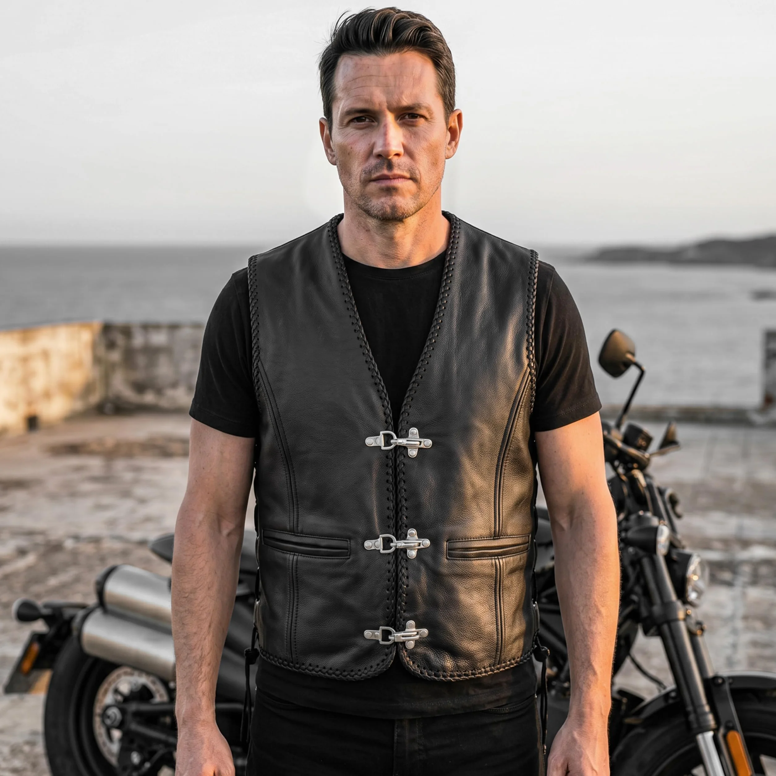 Leatherick Czarna kamizelka motocyklowa z prawdziwej skóry, pleciona kamizelka motocyklowa z klamrą z haczykiem wędkarskim