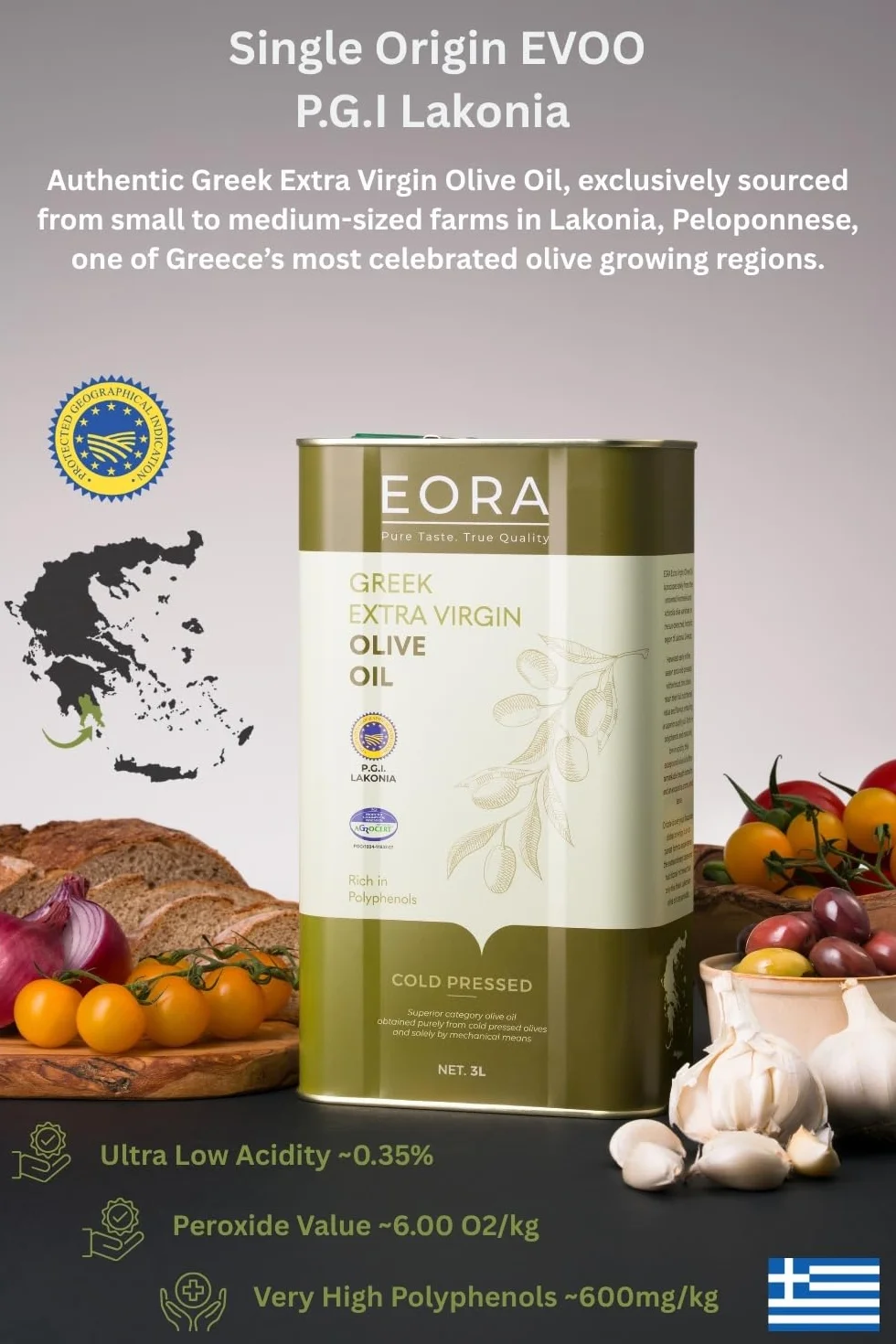 EORA Premium Grecka Oliwa z Oliwek Extra Virgin 3L (Nowe Zbiory 25/26) – wysoka zawartość polifenoli, tłoczona na zimno, bardzo niska kwasowość ~0,35% – jedno pochodzenie P.G.I. Lakonia.