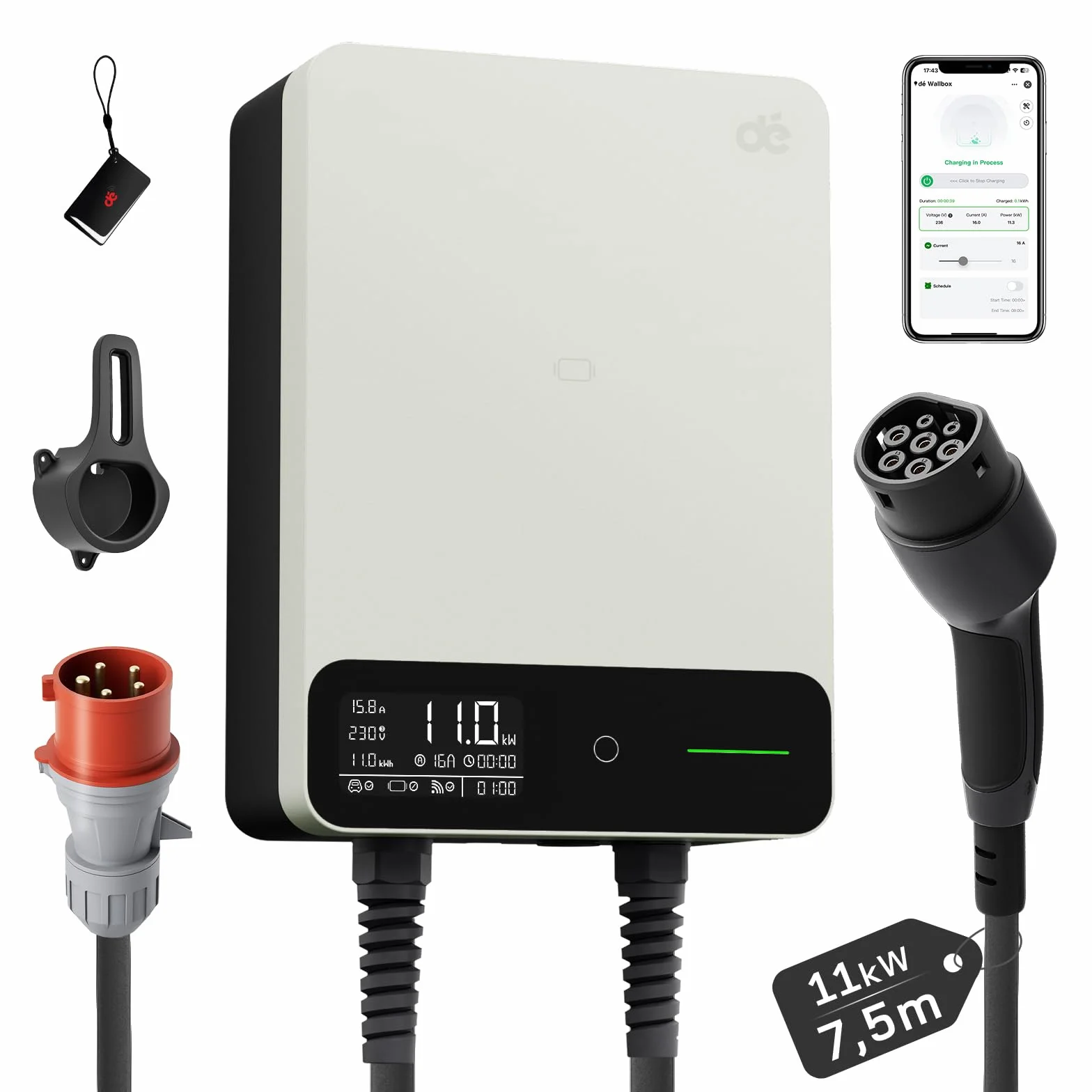dé Skrzynka ścienna typu 2, 11 kW, z aplikacją i RFID, 6-16 A, 3-fazowa ładowarka EV, 400 V z kablem do ładowania 7 m i uchwytem na kabel do ochrony BEV/PHEV, RCD typu B i IP54, wydajna stacja