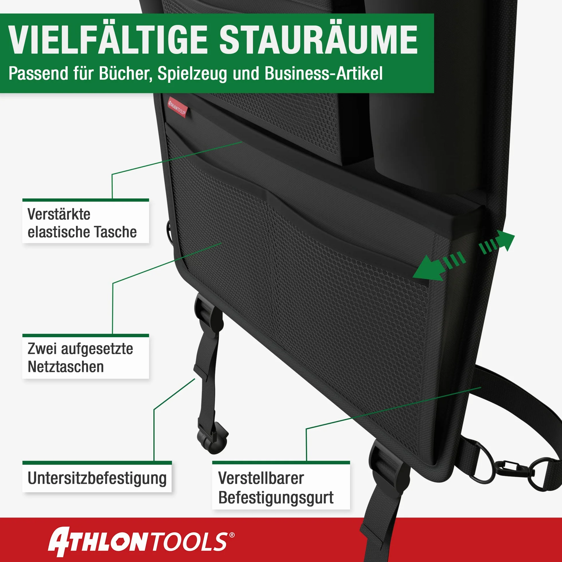 ATHLON TOOLS Organizer na fotel samochodowy ze zintegrowanym uchwytem na tablet, wzmocniony tył, z dodatkowym piórnikiem, biznesowy / dla dziec, zaprojektowany w Hamburgu (kolor czarny/zestaw 2 szt.)
