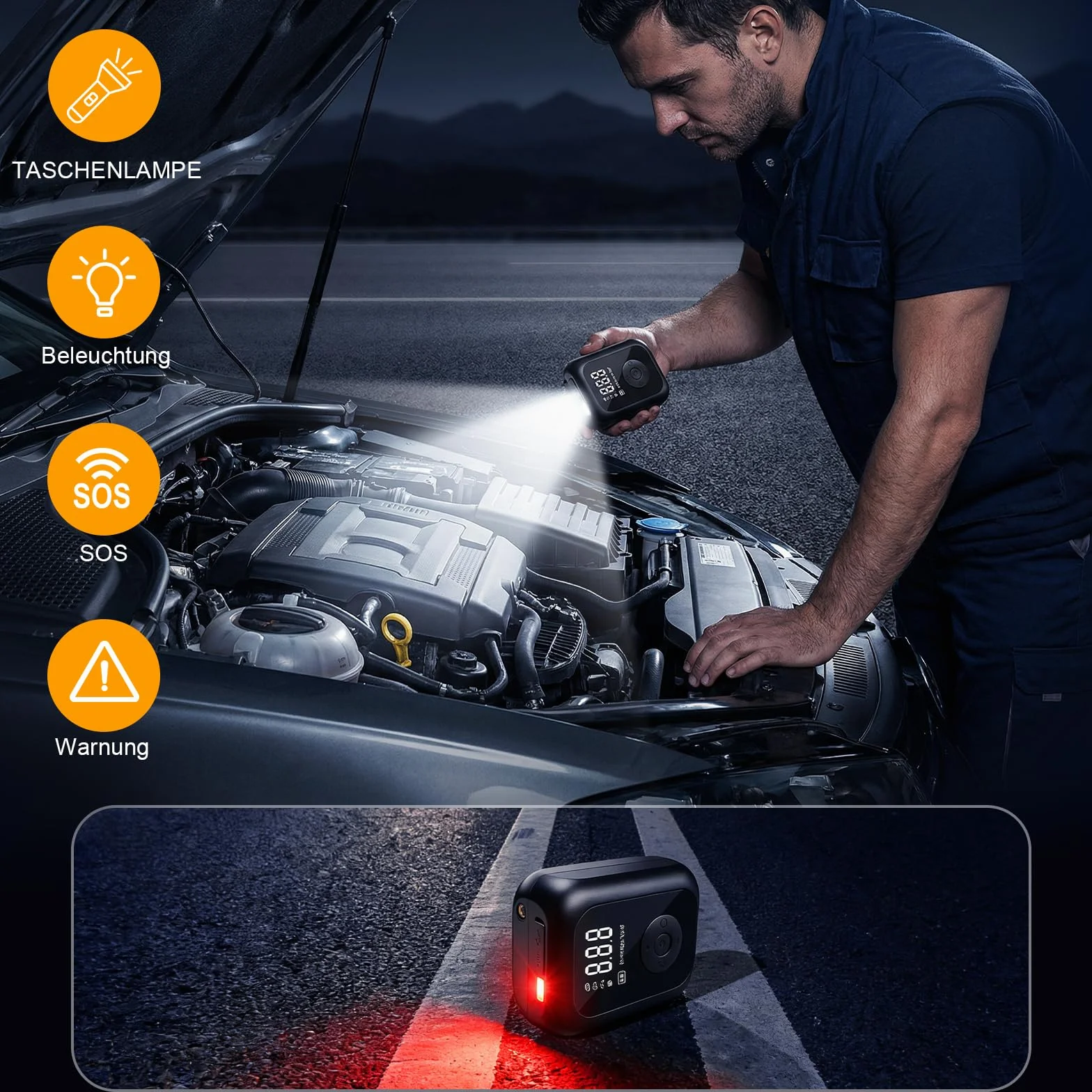 Przenośna sprężarka powietrza, 150 PSI, elektryczna pompka rowerowa, mini kompresor rowerowy z cyfrowym wyświetlaczem LED i oświetleniem LED, przenośna pompka elektryczna do rowerów, samochodów i