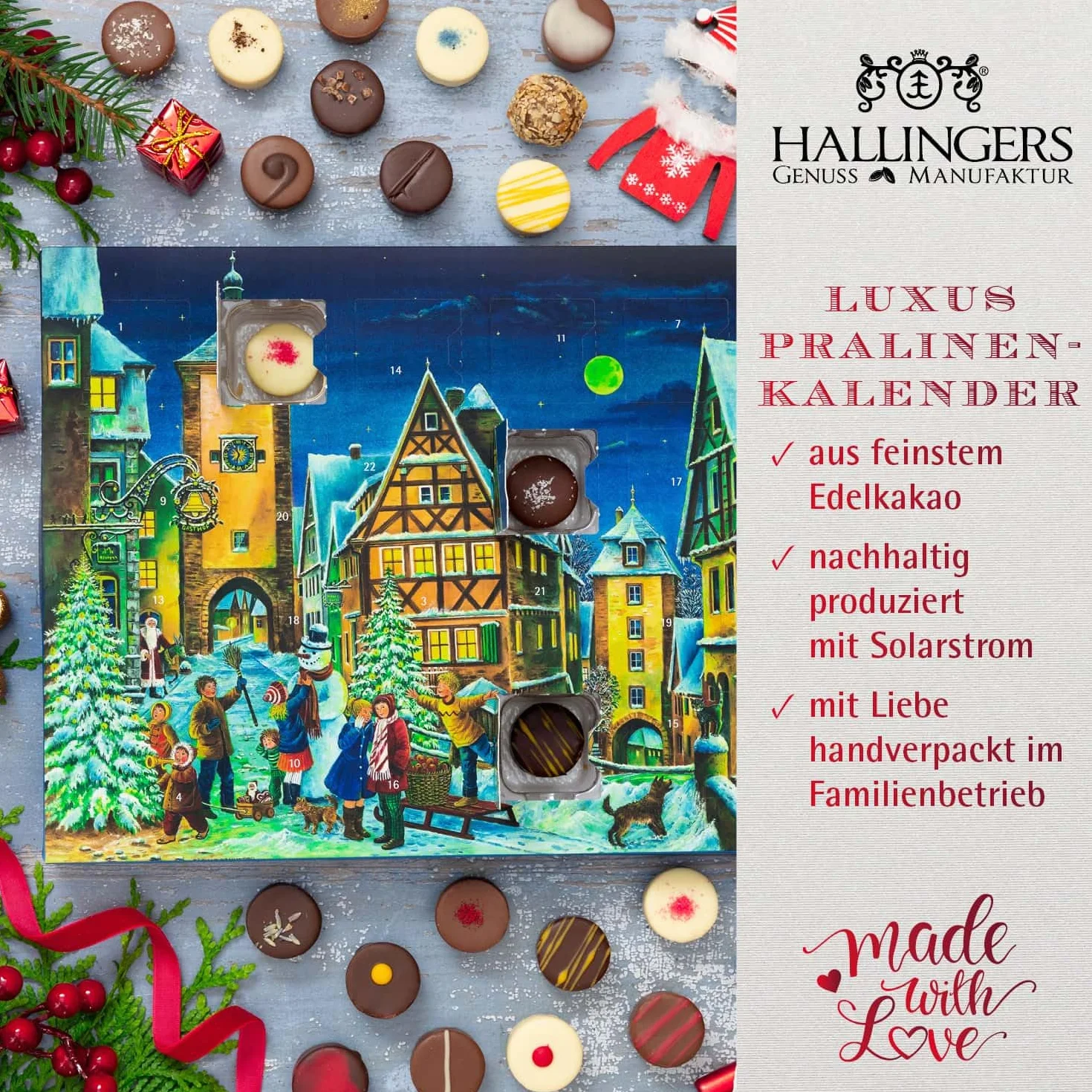 Hallingers Rothenburg – czekoladowy kalendarz adwentowy 2025, pralinki, wysokiej jakości, ręcznie wykonany bez alkoholu, wysokiej jakości opakowanie (pudełko) – pomysły na prezent na Boże Narodzenie i