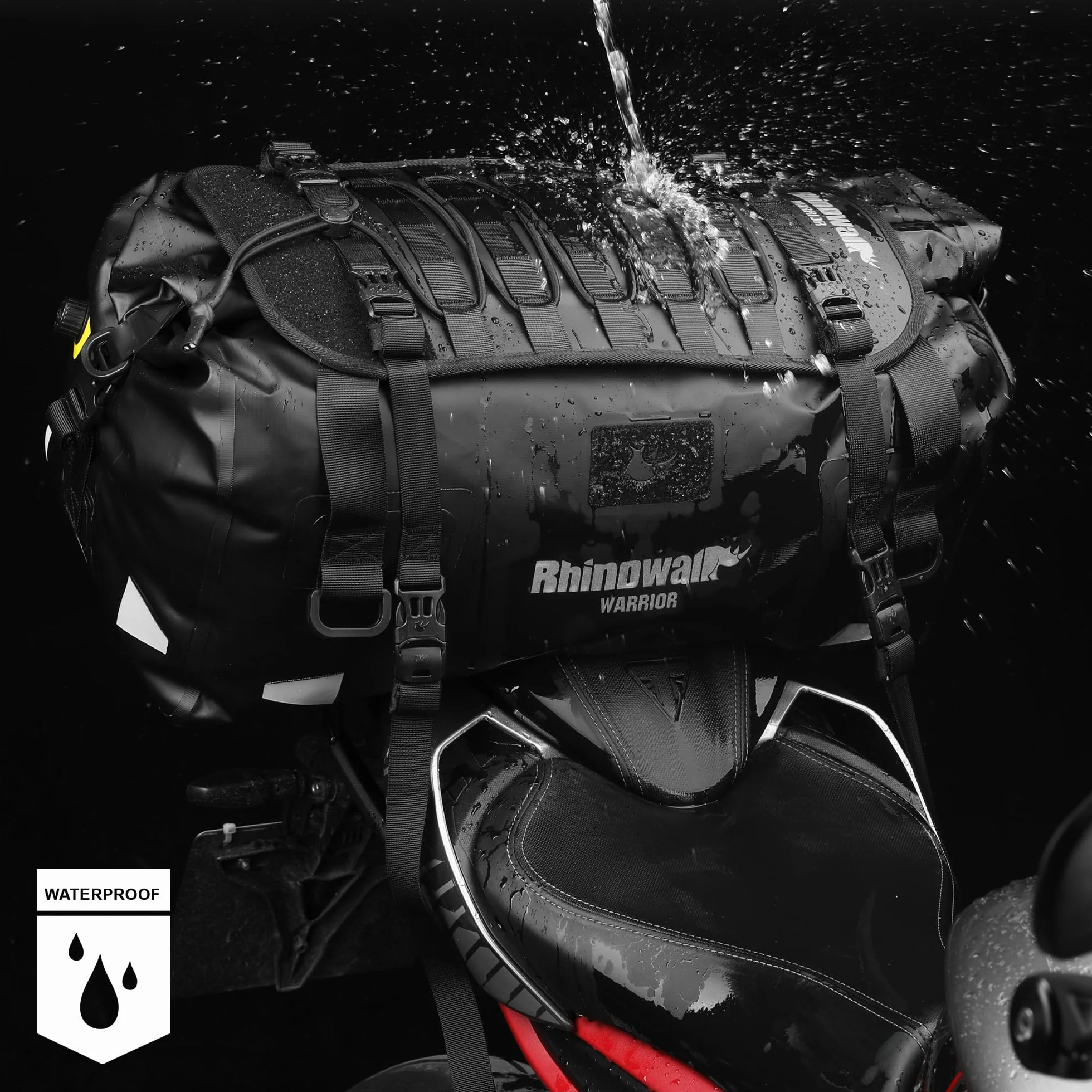 Rhinowalk Wodoodporna torba na tylną torbę motocyklową Duffle z dużą przestrzenią na kemping, pływanie łódką, bycycle, 60 l, czarna