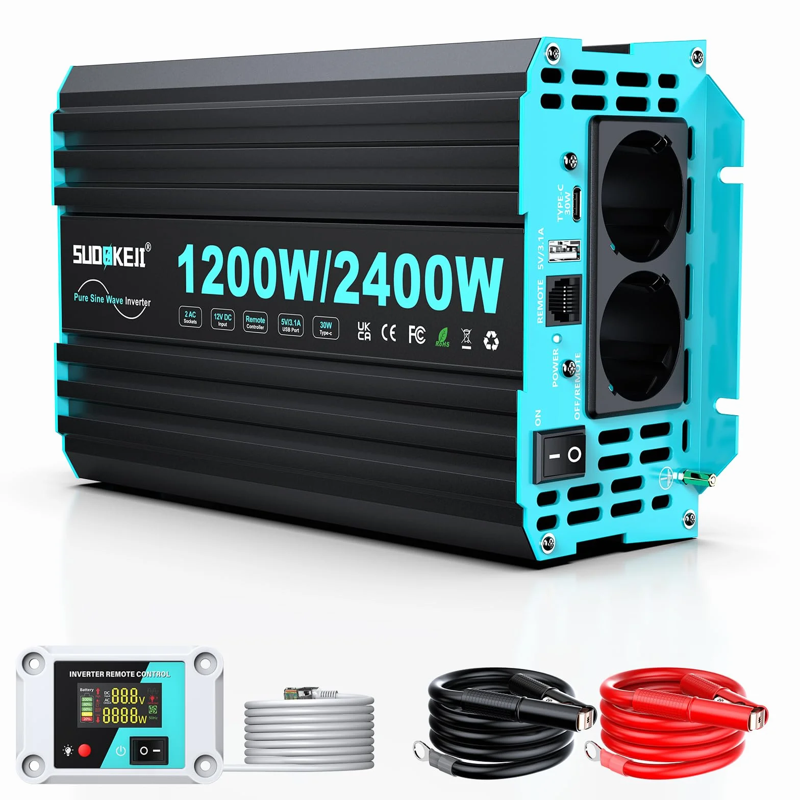 SUDOKEJI Przetwornica napięcia 1200 W/2400 W, czysta sinusoidalna przetwornica napięcia 12 V na 230 V, z pilotem LCD, złącza typu C i USB, 2 gniazda EU AC do solarnych, pojazdów, przyczep kempingowych