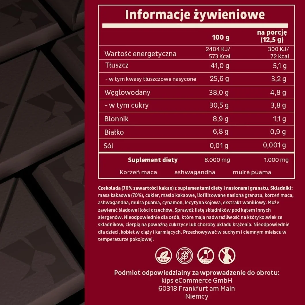 kips Czekolada gorzka dla par | Maca, Ashwagandha, Muira Puama, nasiona granatu | Prezent dla partnera | Made in Germany | 1 pudełko – 4 porcje – 100 g
