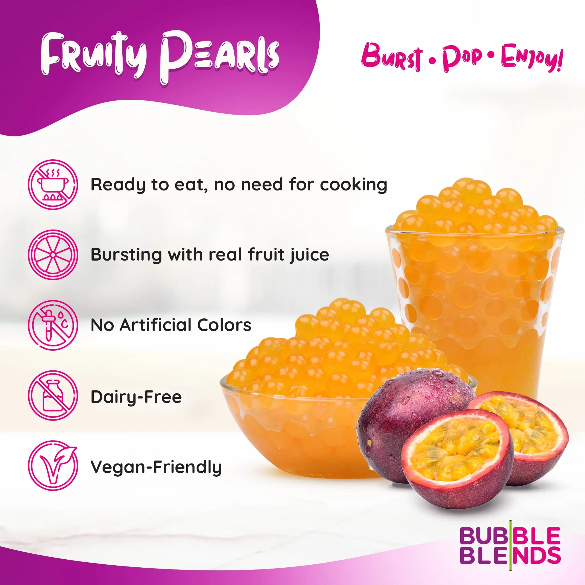 Bubble Blends Passion Fruit Popping Boba (450G) - Boba Balls with Real Fruit Juice - 100% Fat - Free Bubble Tea Pearls for Bubble Tea Drink Sinkers or Dessert Toppings EXP 25/02/2025