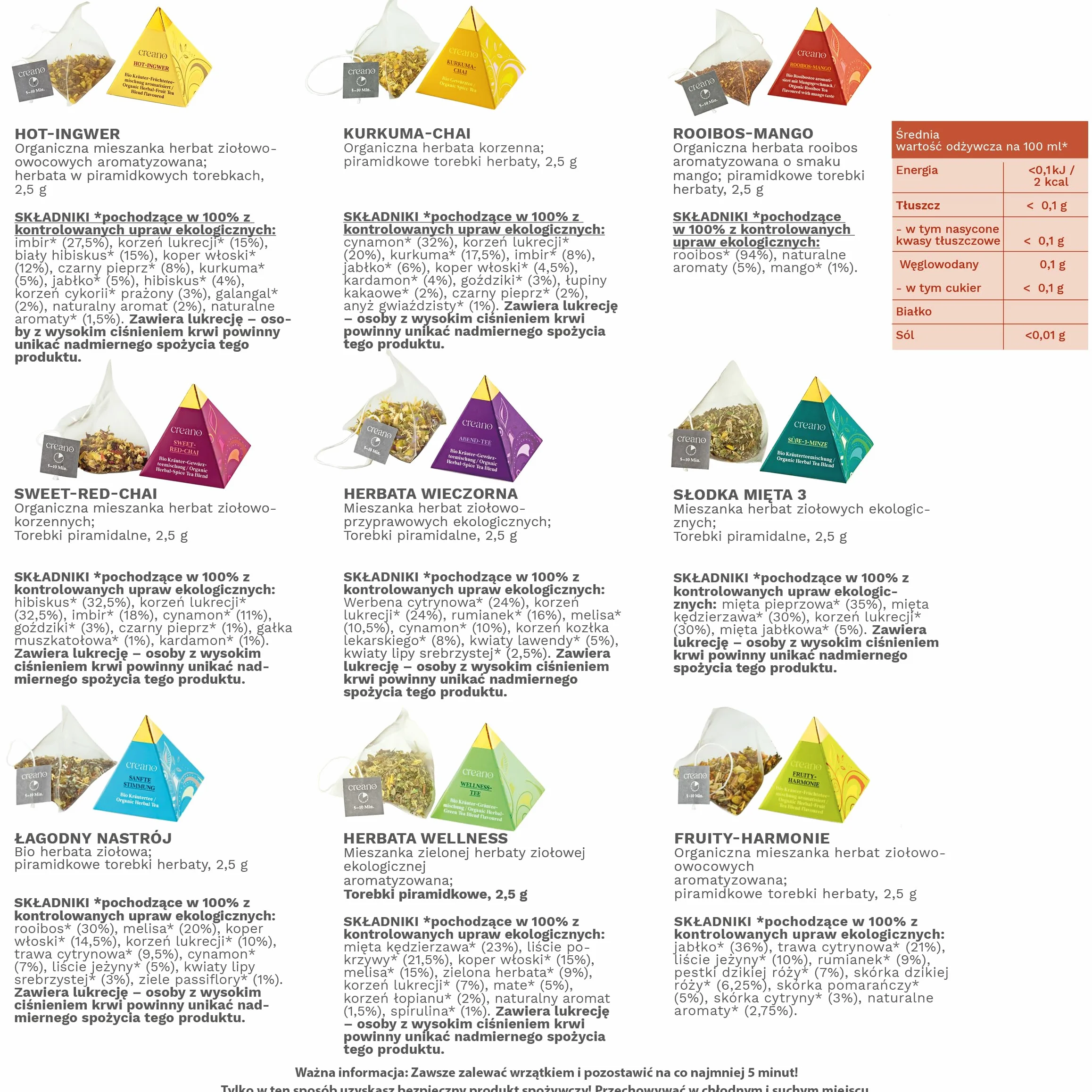 Creano Zestaw upominkowy Bio Premium Pyramide Herbata Herbata Herbata Zielona Herbata z 14 Piramidalnymi saszetkami w 9 różnych odmianach*