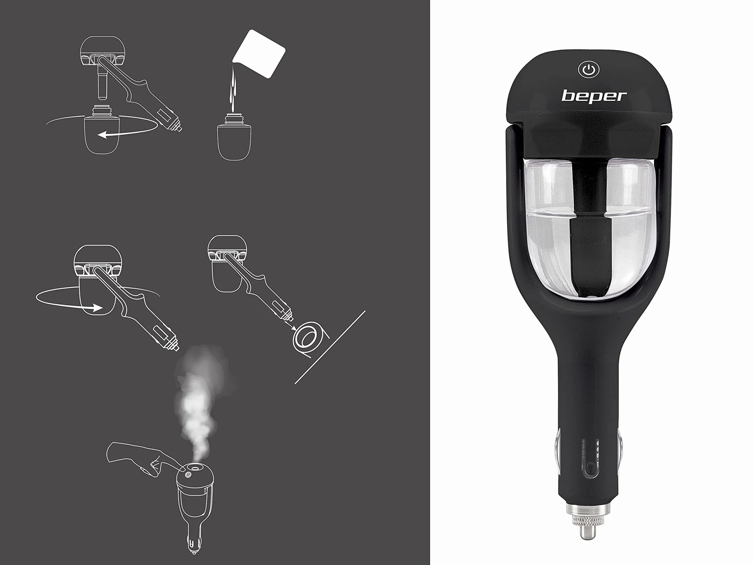 BEPER P205DIF100 dyfuzor zapachowy/nawilżacz powietrza, 25 ml, 1,5-2 W, możliwość pochylenia do 180°, system zapobiegający kapaniu, przycisk dotykowy, rozpylanie ciągłe lub przerywane, wtyczka 12 V,