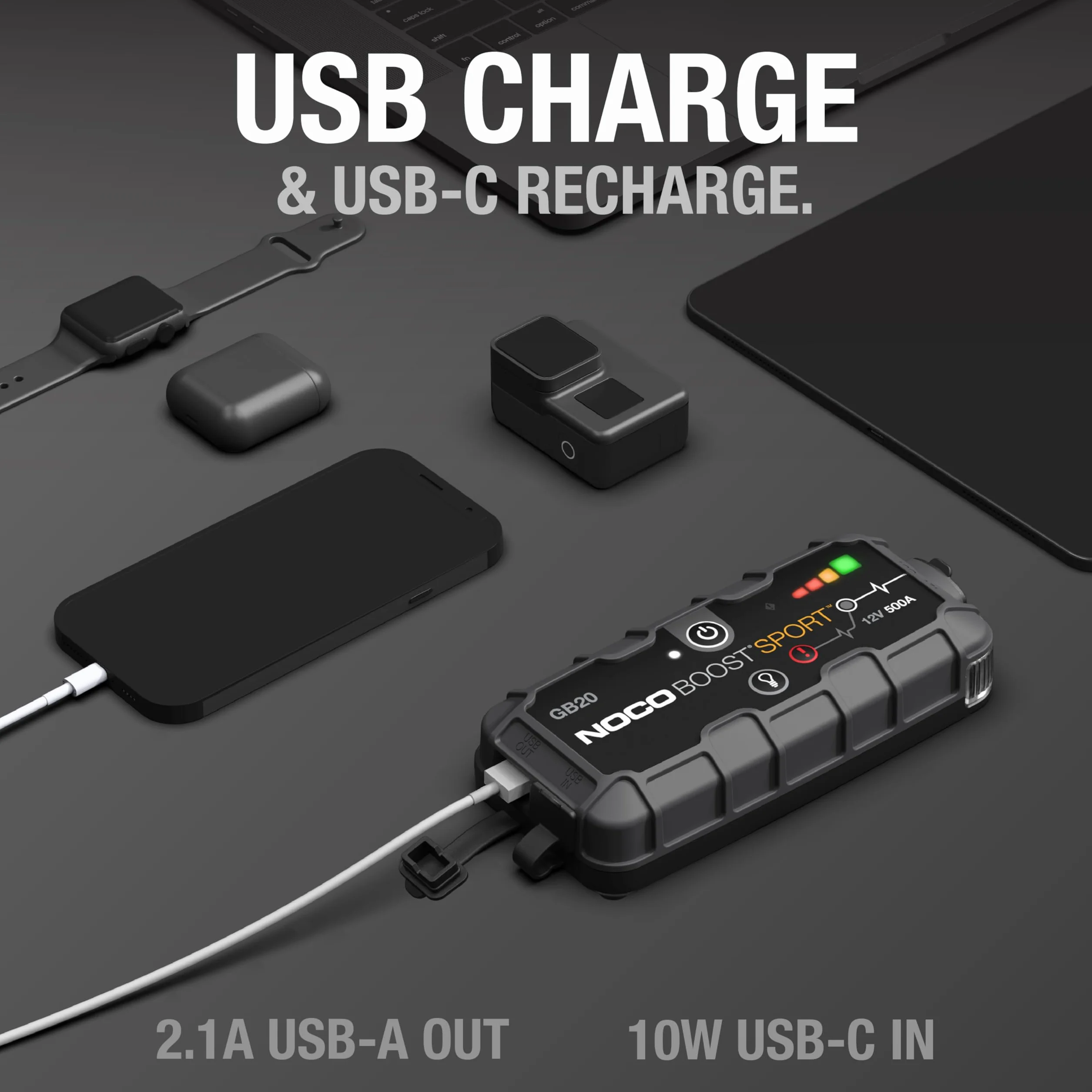 NOCO Boost Sport GB20 500A 12V UltraSafe litowy urządzenie rozruchowe, booster do akumulatora I kable rozruchowe do 4,0-litrowych silników benzynowych odpalania