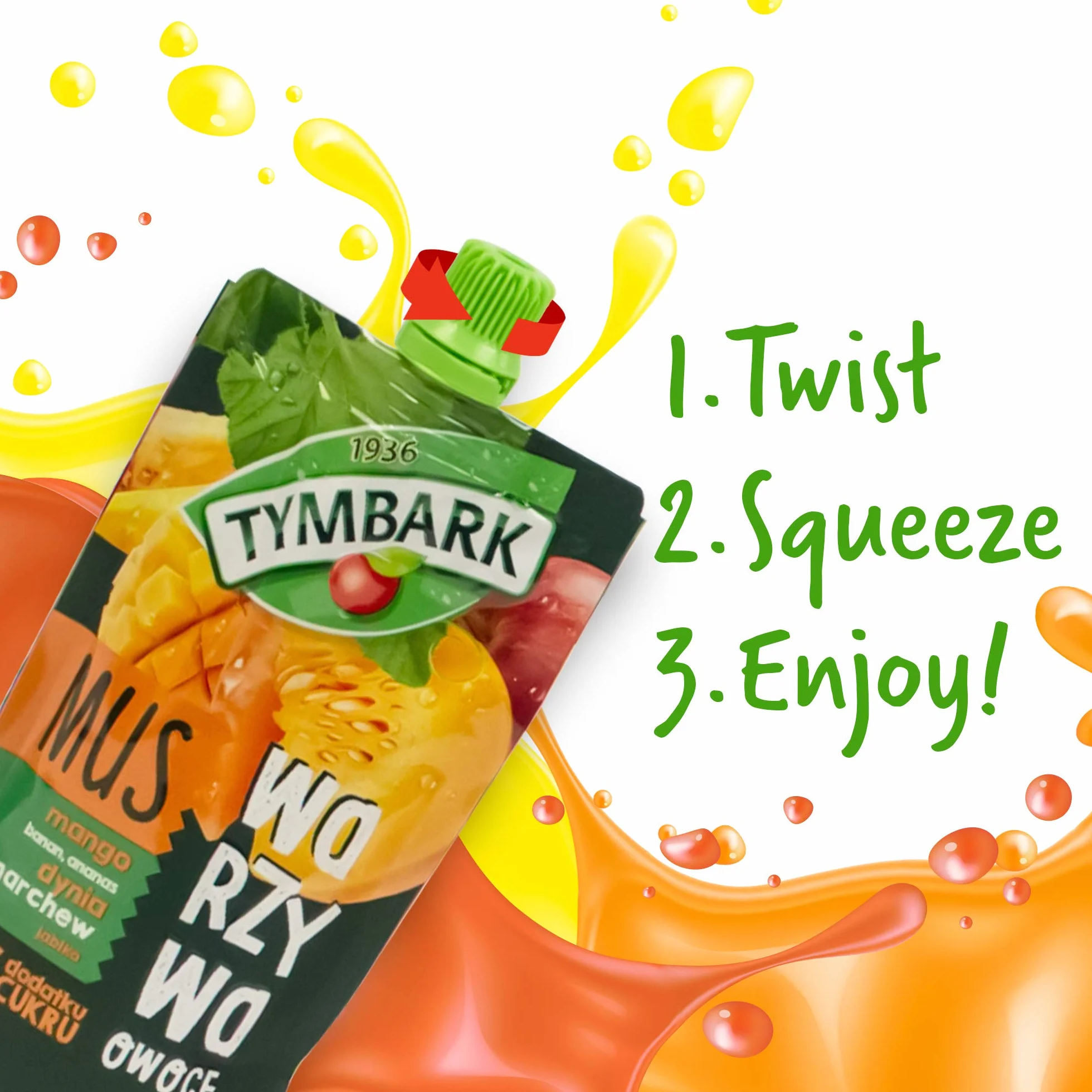 Tymbark Mus Owocowo-Warzywny Mango-Banan-Ananas-Dynia-Marchew-Jabłko Bez Cukru Z Witaminą C 100g x 12 szt