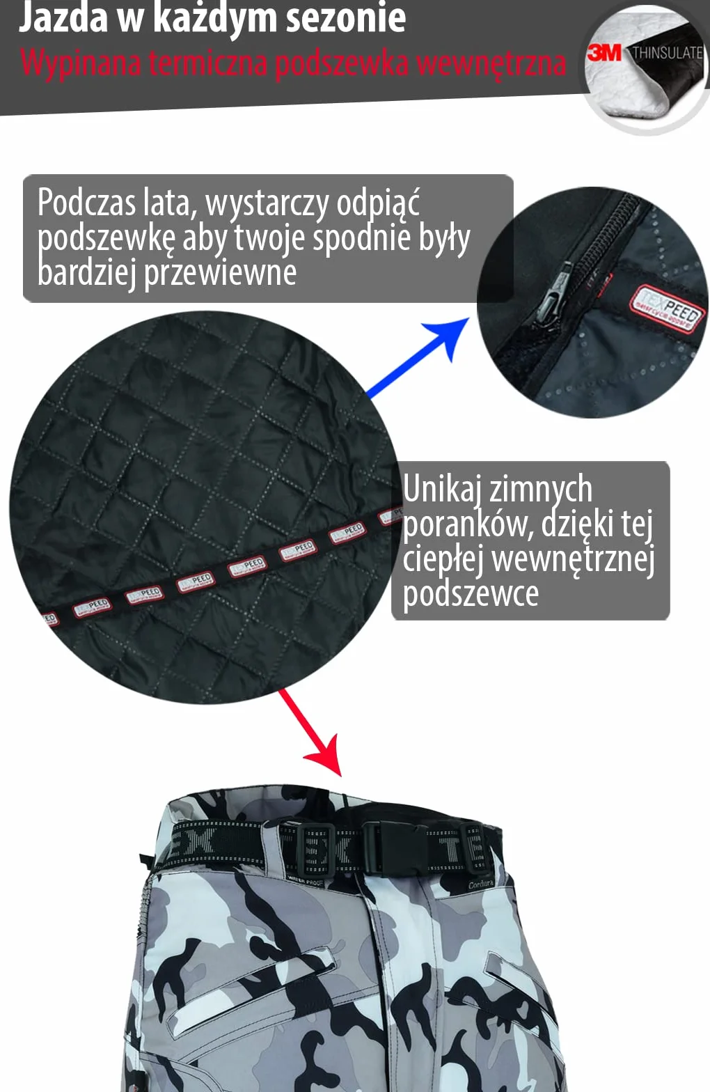 Texpeed Spodnie motocyklowe męskie ce - 4 sezony - Wodoodporne spodnie zimowe/letnie - Ochrona pancerza CE (EN 1621-1) - Kamuflaż Camouflage Szary - Wszystkie rozmiary