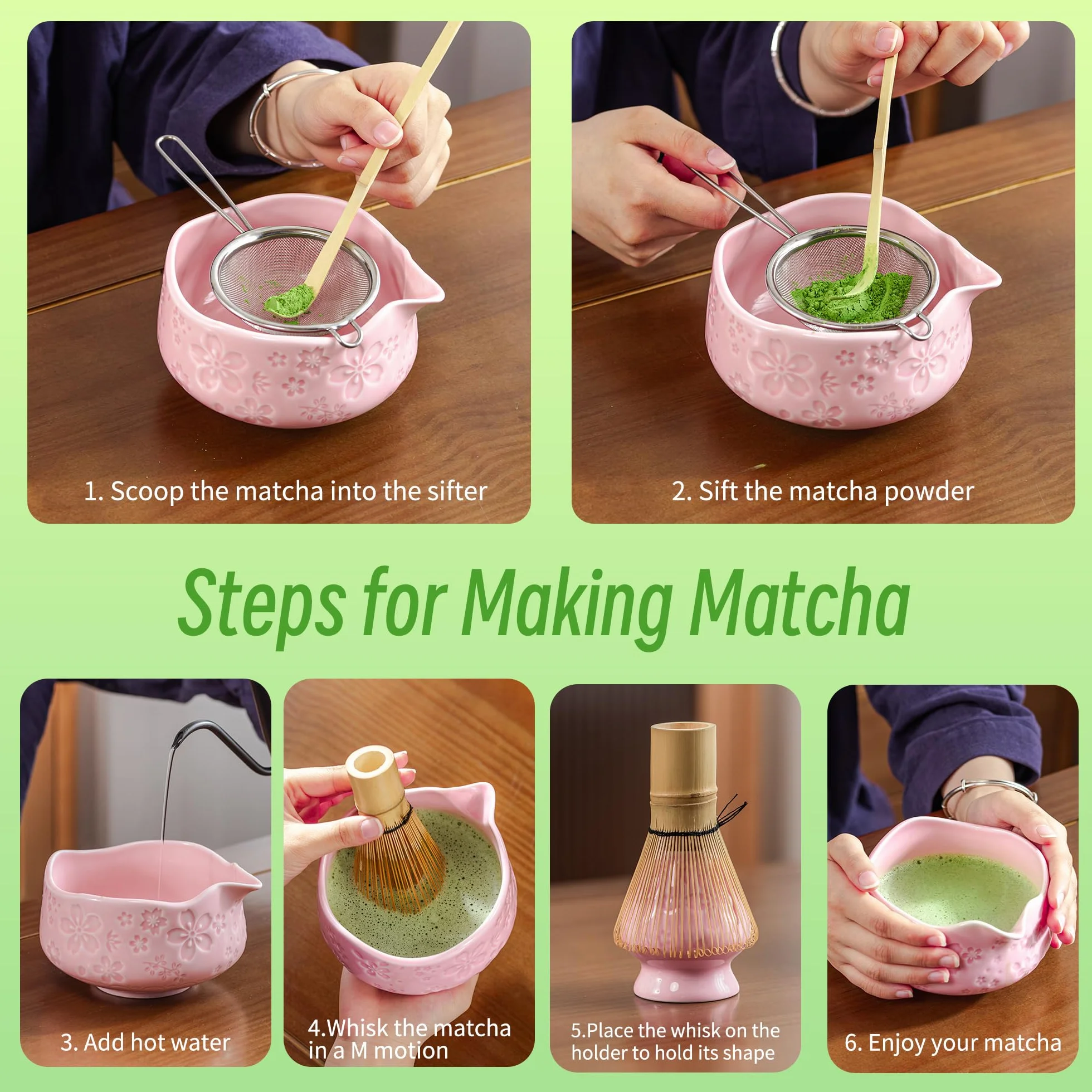 TEANAGOO Zestaw 7 różowych trzepaczek do matcha z motywem kwiatu wiśni, kompletny zestaw ceremonii, ceramiczna miska do chawan z wylewką, trzepaczką i akcesoriami, tradycyjny zestaw do herbaty matcha