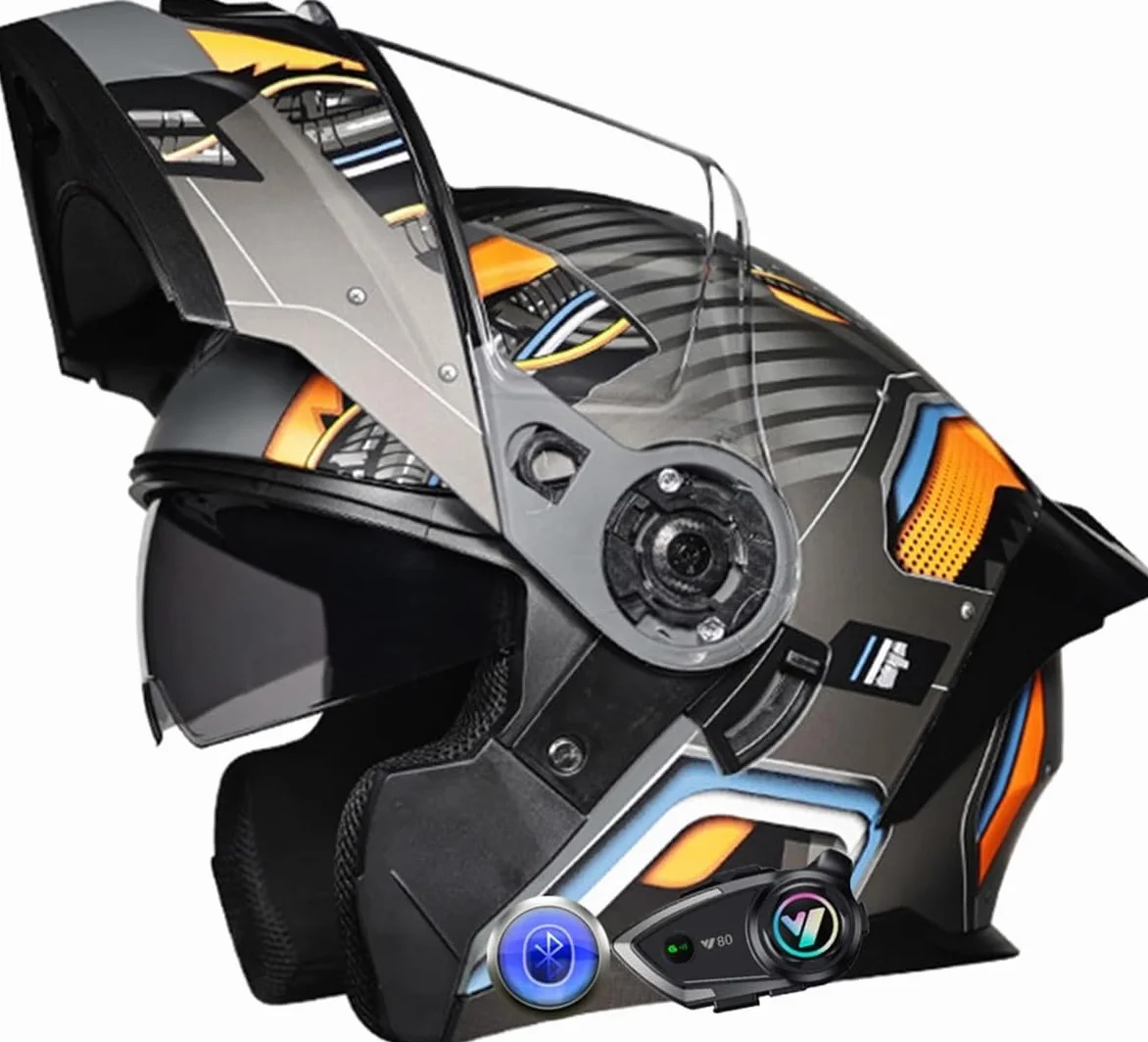 Kaski Motocyklowe Bluetooth, Kask Szczękowy Kask Motocyklowy Pełnotwarzowy Z Podwójnym Daszkiem, Mężczyźni Kobiety Zintegrowany Kask Z Redukcją Szumów Z Automatyczną Odpowiedzią