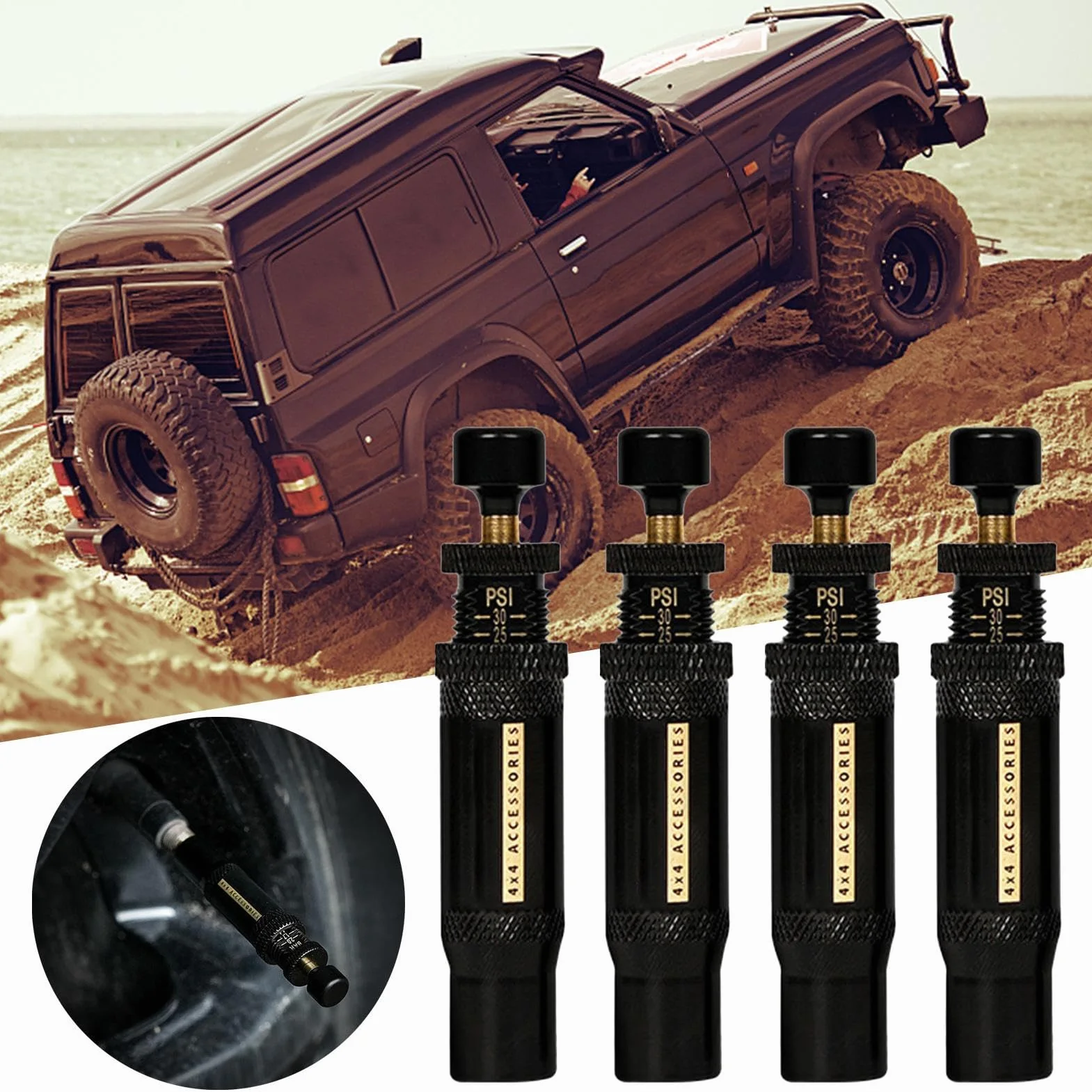 Rapid deflator do opon, akcesoria offroadowe, regulowany deflator powietrza do opon, 4-cz? ?ciowy zestaw Auto Stop-4 Spin- (10-30 PSI) , Rapid do samochodów ci? ?arowych, pickup, offroad