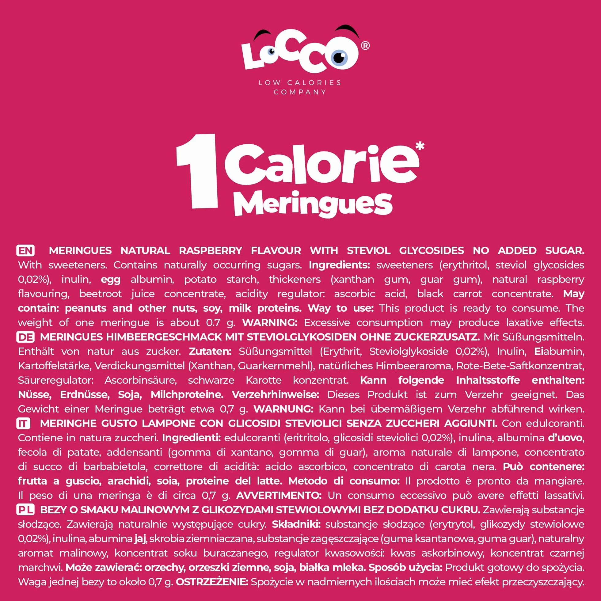 LoCCo Słodkie Bezy Bez Cukru 1 kcal Malinowe - Niskokaloryczna Przekąska ze Stewią, Keto, Low Carb, Bogate w Białko i Błonnik, Dla Diabetyków