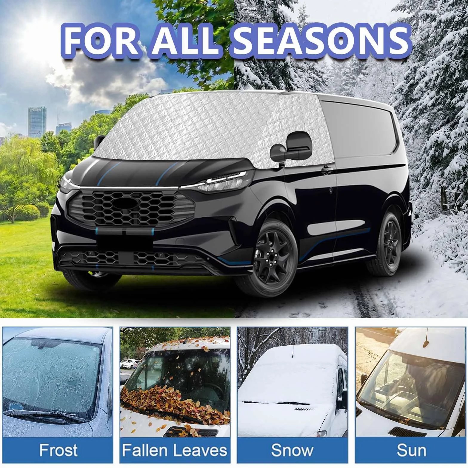 Osłona przedniej szyby kompatybilna z VW Transporter (2024-2026) | Ford Transit Custom & Tourneo Custom (2023-2026) | ochrona przed słońcem i mrozem na 4 pory roku | termiczna ochrona przed wysoką