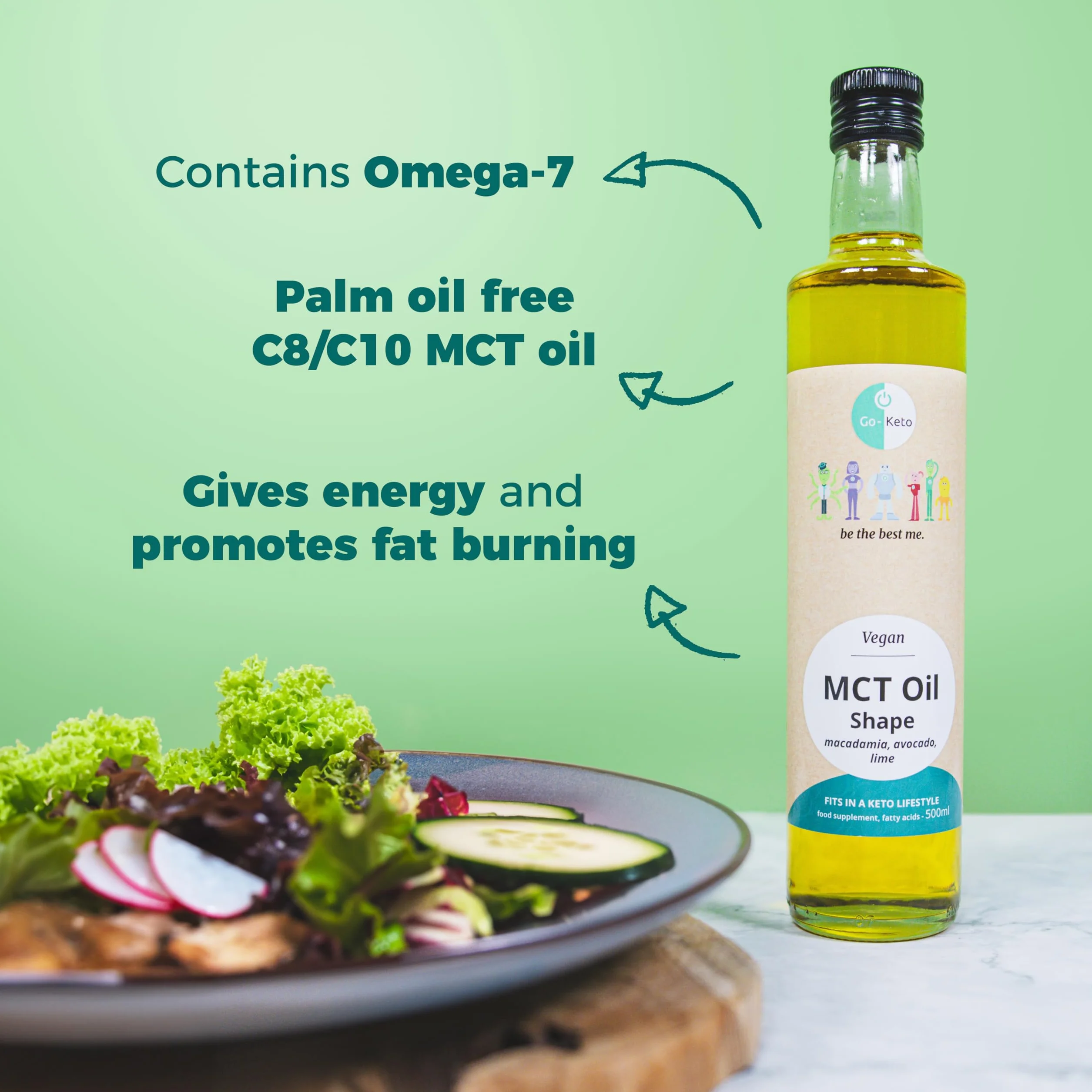Olej MCT C8/C10 Go-Keto 500ml z omega-7 z awokado i makadamia, 100% olej kokosowy, wolny od oleju palmowego, wegański