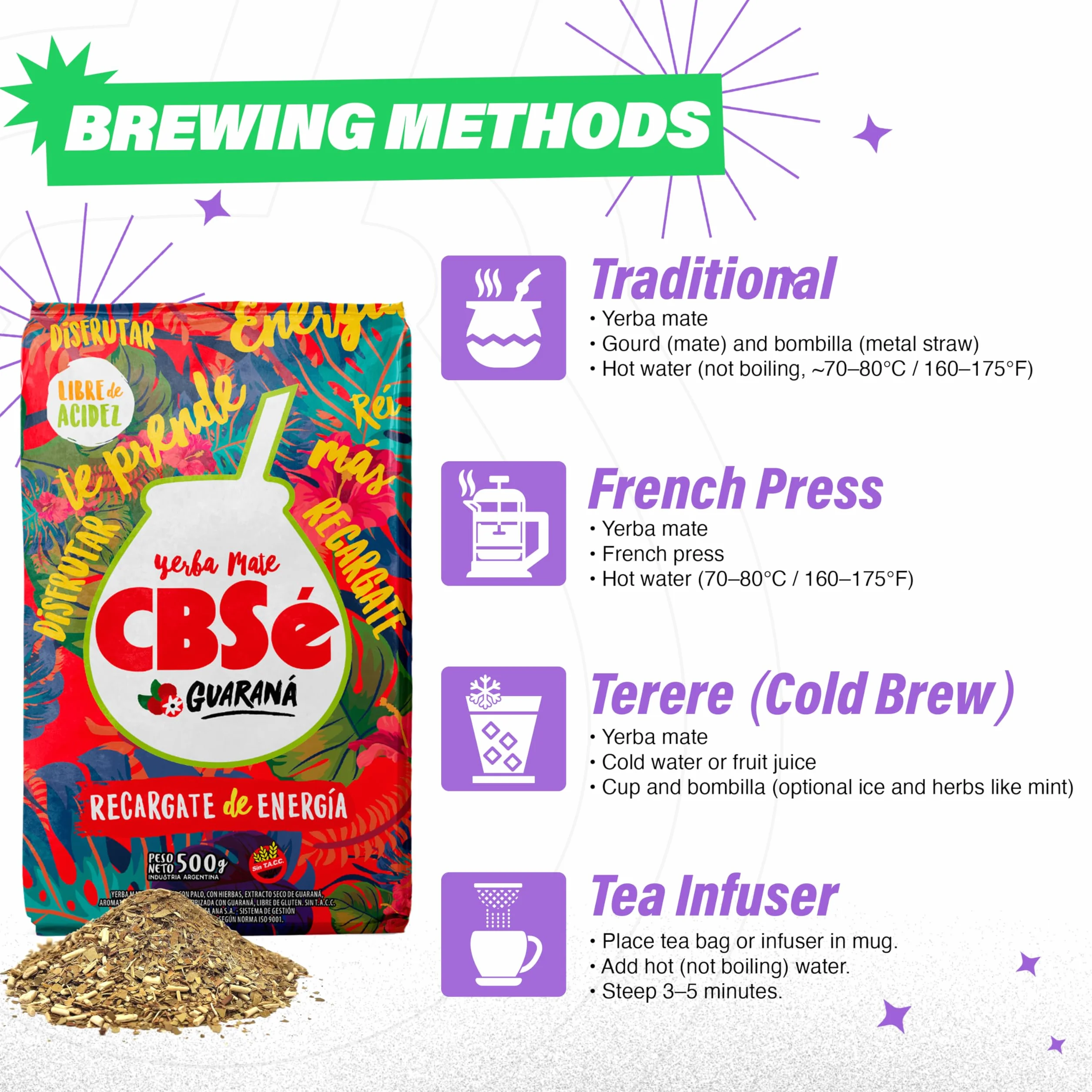 CBSÃ Herbata Mate - Energia - z Guaraná, 1 opakowanie (1 x 500 g)