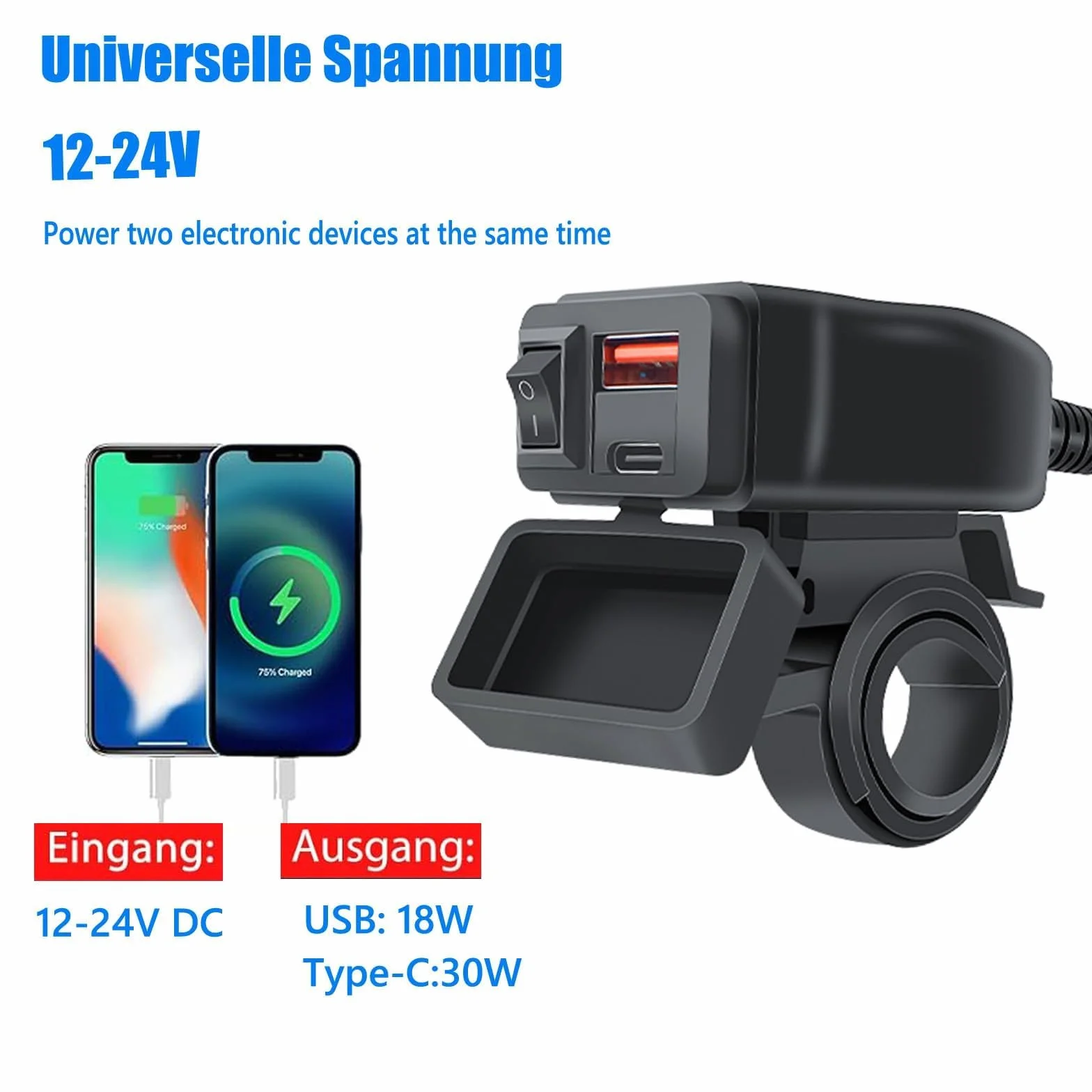 Gniazdo ładowania 12 V USB, do motocykla, 54 W, PD i QC3.0, ze wskaźnikiem napięcia LED, wodoszczelność IP65 do 12 V-24 V