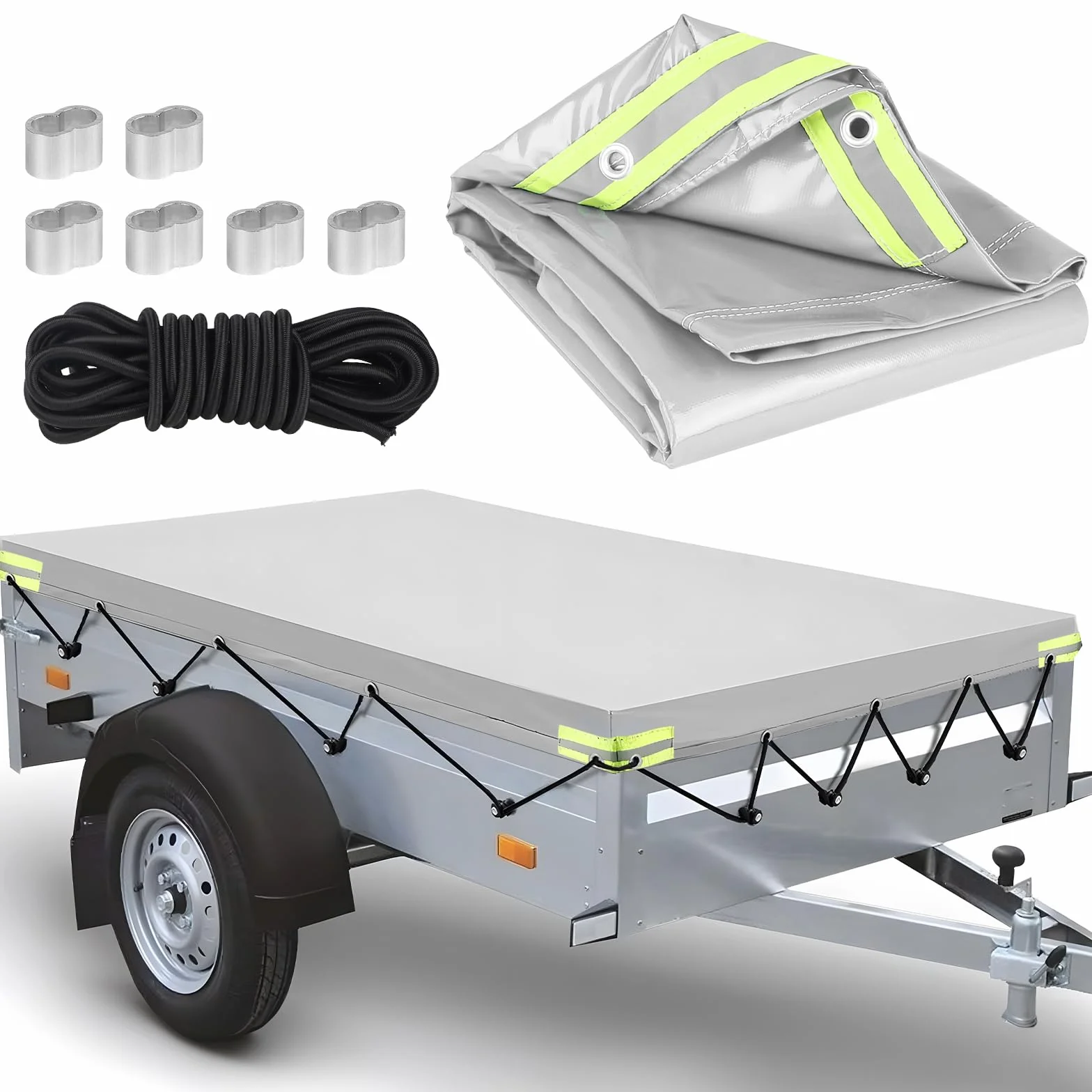 DBREAKS Plandeka przyczepy samochodowej 140 x 115 x 8 cm, płaska plandeka, z liną 6 m, wzmocnioną krawędzią i pokrowcem na przyczepę z materiału PVC, do różnych modeli przyczep samochodowych 350 kg