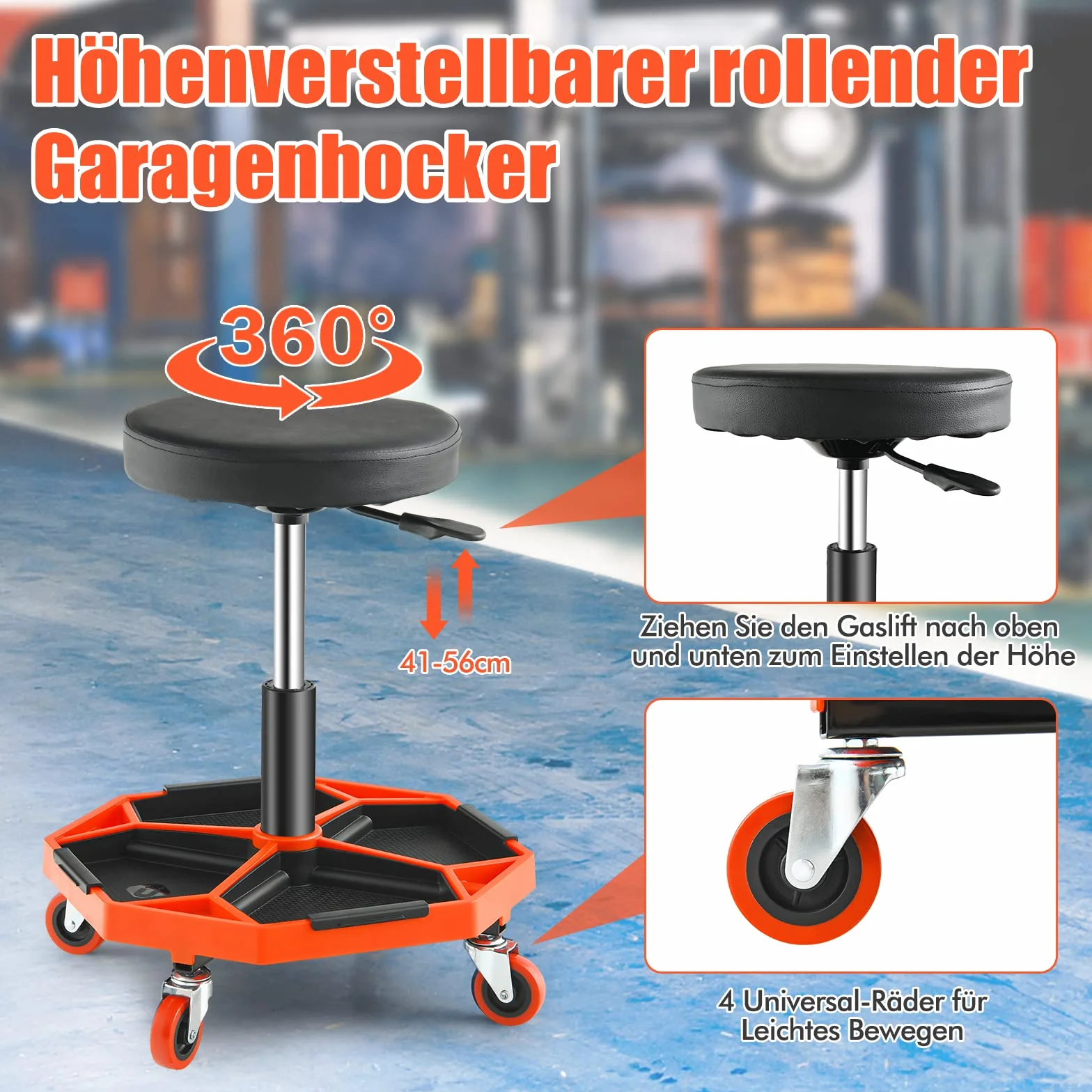 GOPLUS Taboret warsztatowy 41-56 cm z regulacją wysokości, taboret na kółkach z półką na narzędzia i 4 uniwersalnymi kółkami, funkcjonalny taboret roboczy do garażu, warsztatu naprawczego, maks.