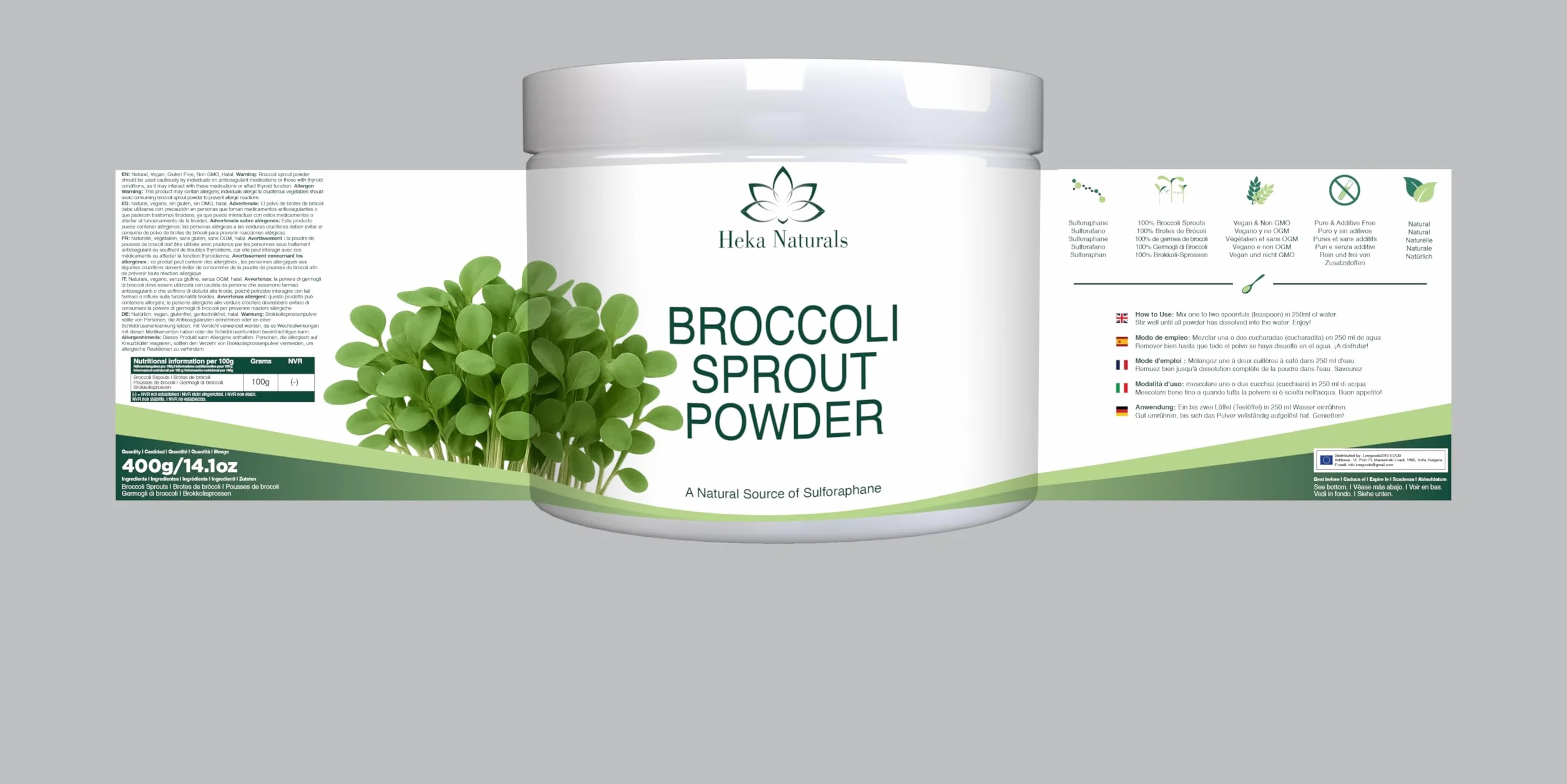 Heka Naturals Ekologiczny Proszek z Kiełków Brokuła - 100% Czysty Superfood z Kiełkowanych Nasion - Bogaty w Sulforafan, Wegański, Bez GMO i Dodatków - 400g