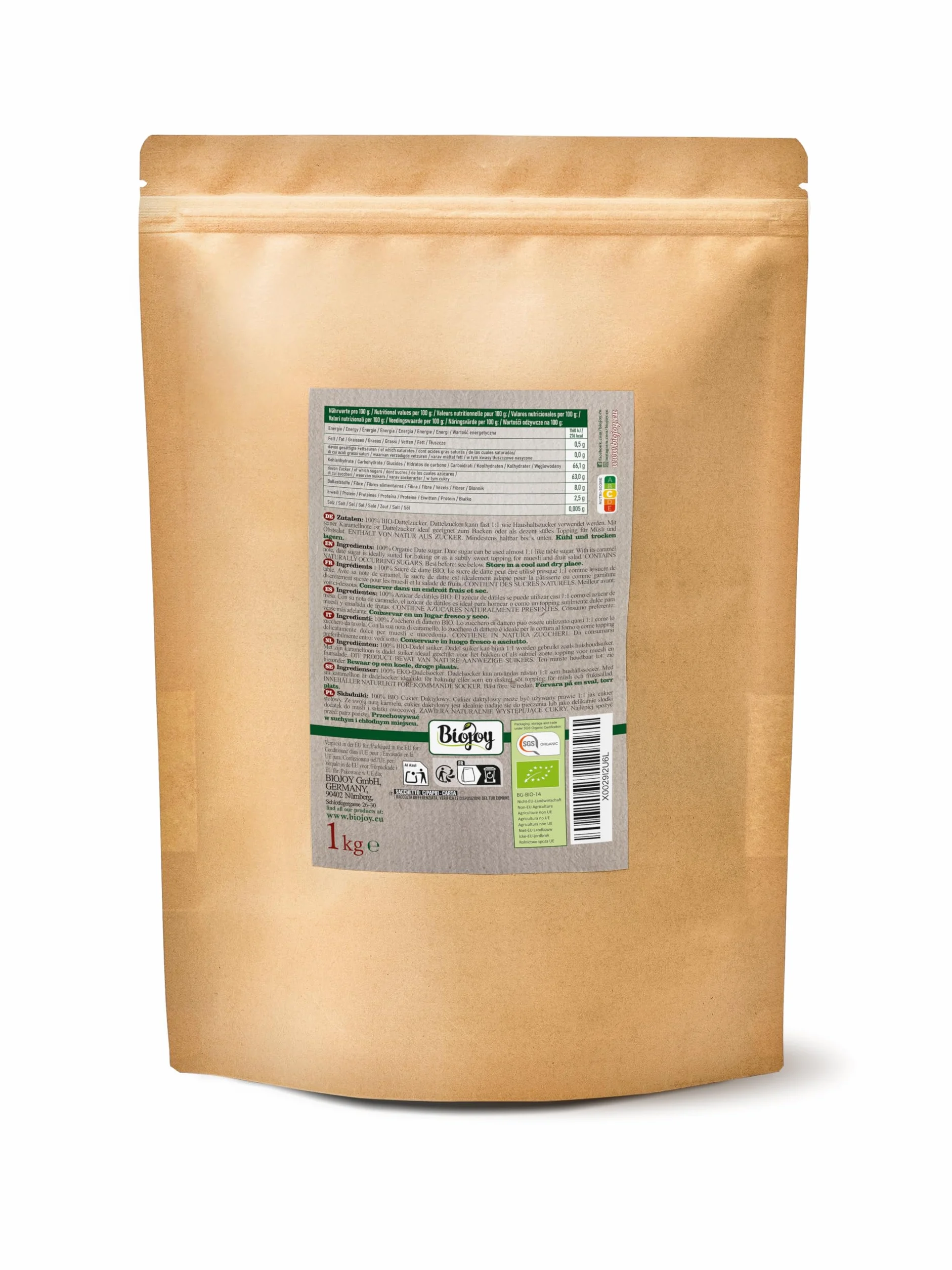 Biojoy BIO-Cukier daktylowy (1 kg), nierafinowany, naturalny i bez dodatków (Phoenix Dactylifera)