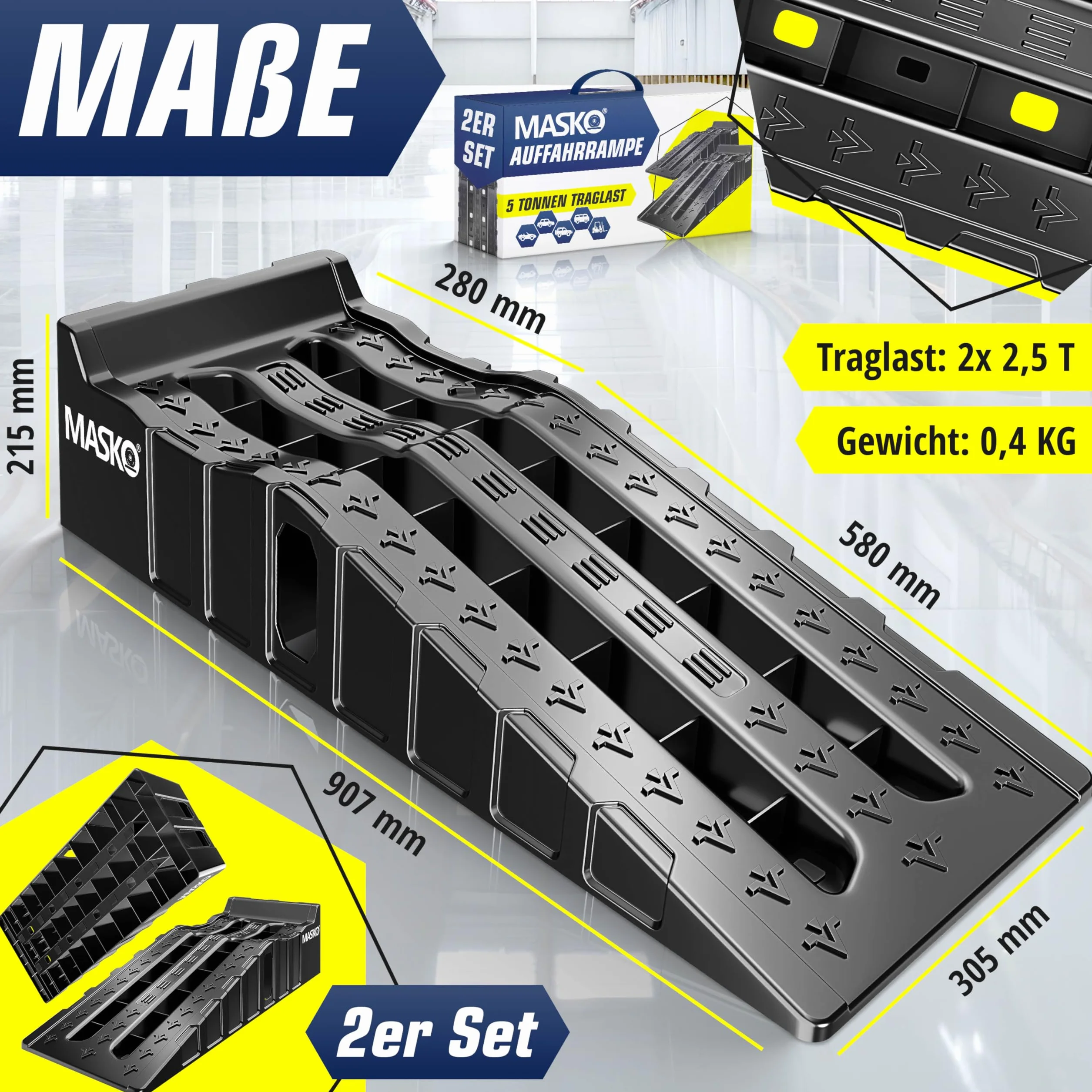 MASKO® Zestaw 2 ramp najazdowych do 7 ton nośności, rampa samochodowa z zabezpieczeniem przed wyciągnięciem, antypoślizgowa, stabilna, bardzo szeroka rampa