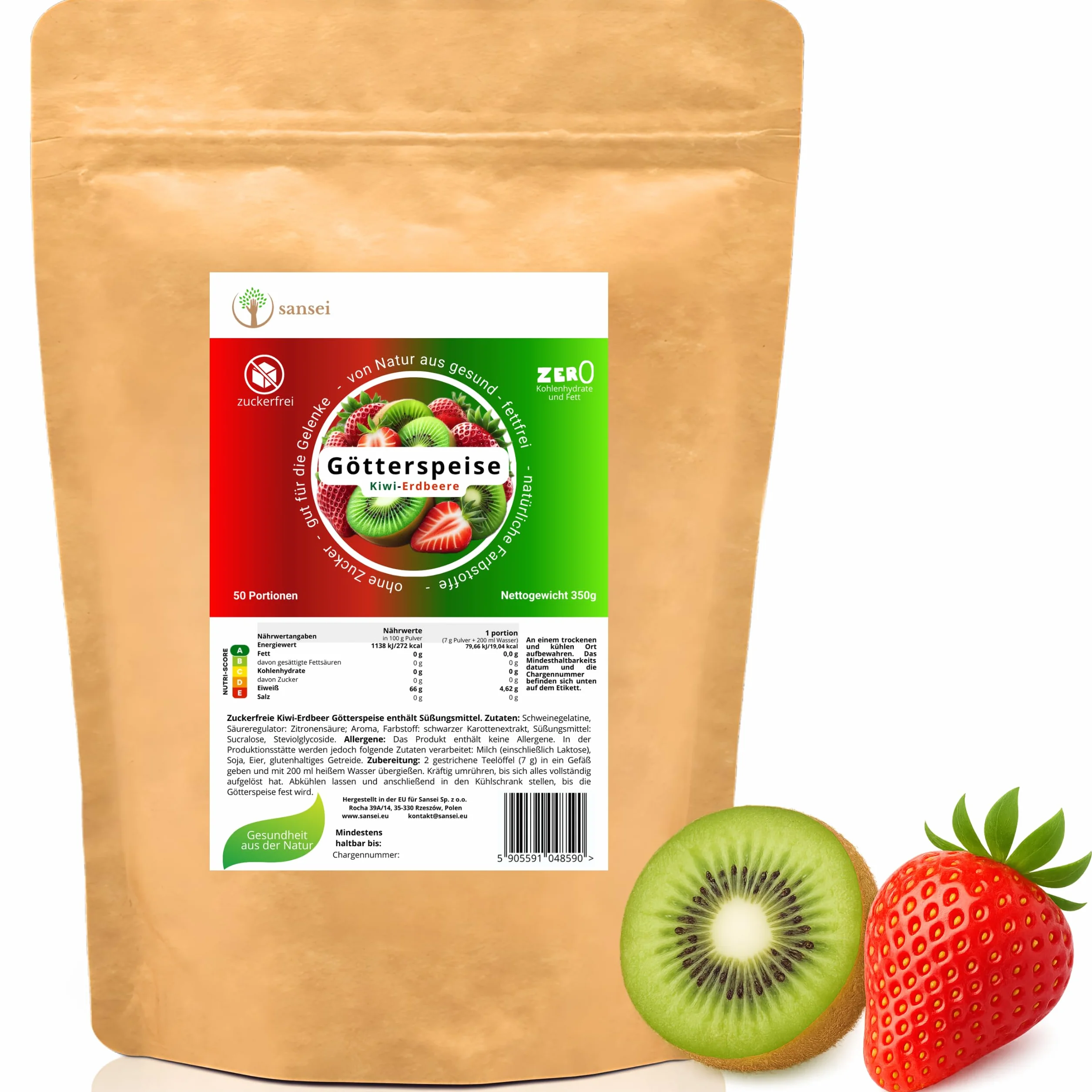 Sansei galaretka deserowa 350 g – do 50 porcji – Bez Cukru, Bez Glutenu, Bez Tłuszczu, Bez Węglowodanów, KETO (Truskawka-Kiwi)