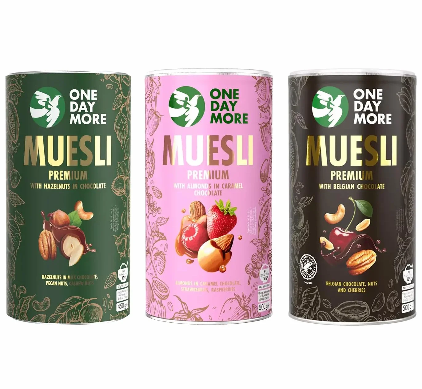 OneDayMore Zestaw Musli Premium: Belgijska Czekolada, Owocowe z migdałami w czekoladzie, Orzechowe błonnik białko