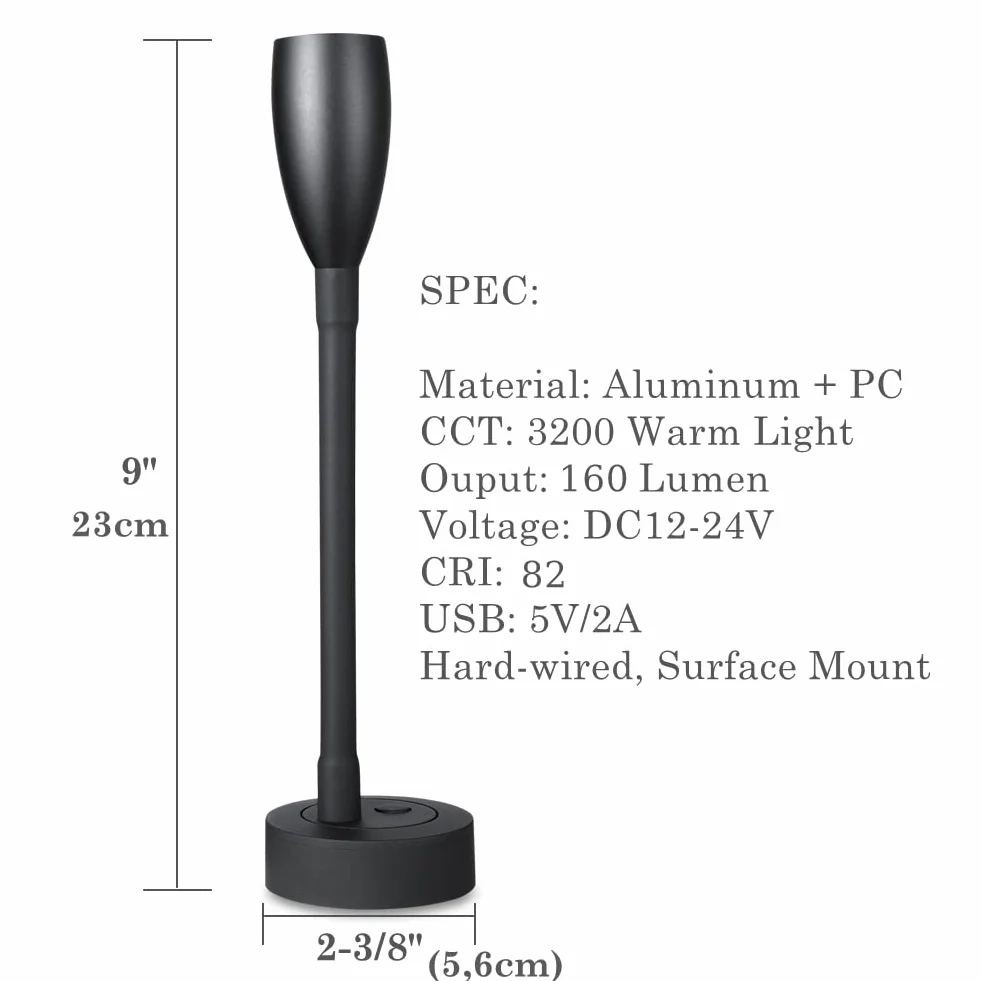 2 x lampa do czytania 12 V LED elastyczna szyja łabędzia regulowana jasność lampa ścienna 3200 K 24 V do samochodu kempingowego, przyczepa, lampka nocna, z ładowarką USB i ściemniaczem