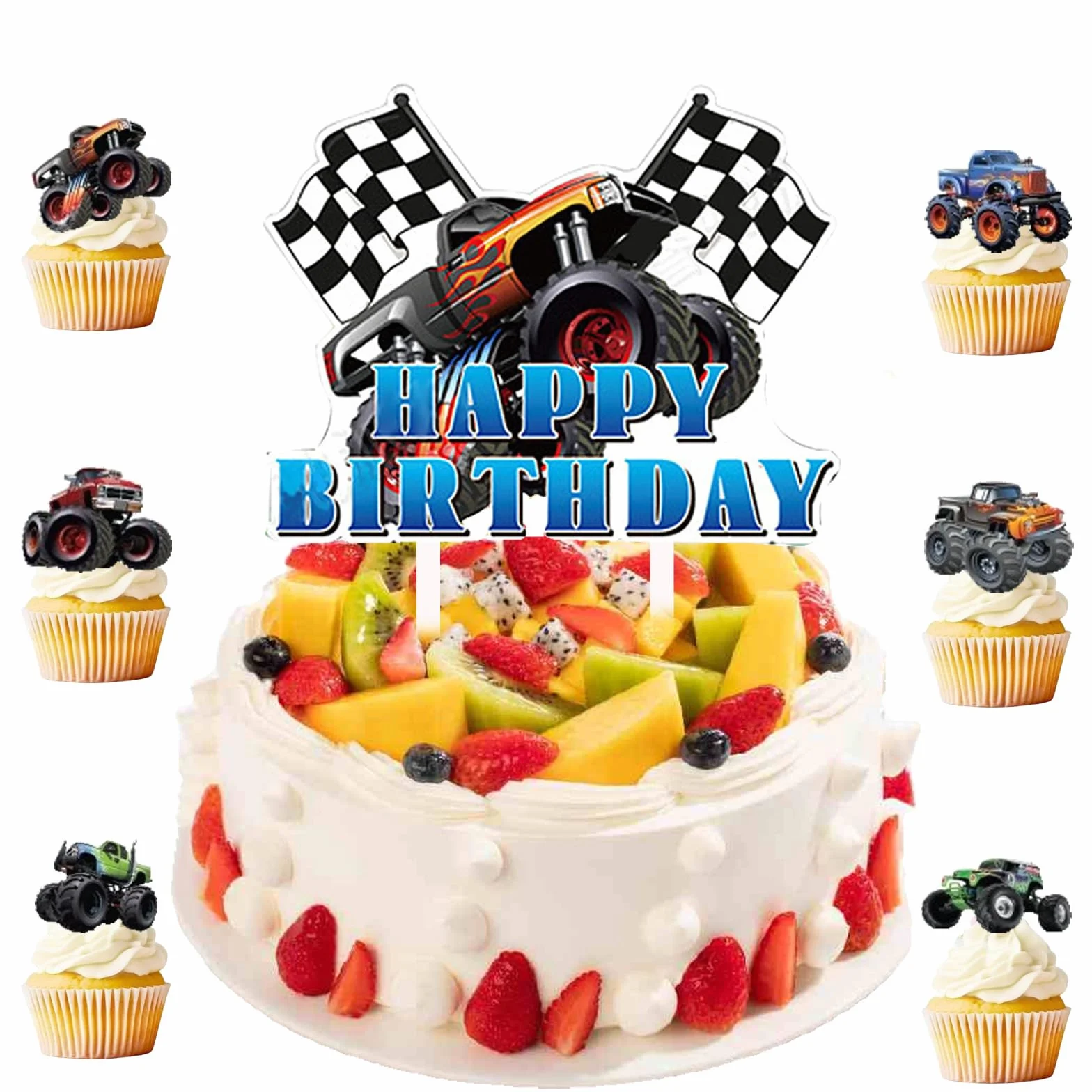 Monster Truck zestaw nakładek na tort – Happy Birthday dla chłopców – dekoracje na muffinki, nakładki na babeczki, akcesoria dla dzieci