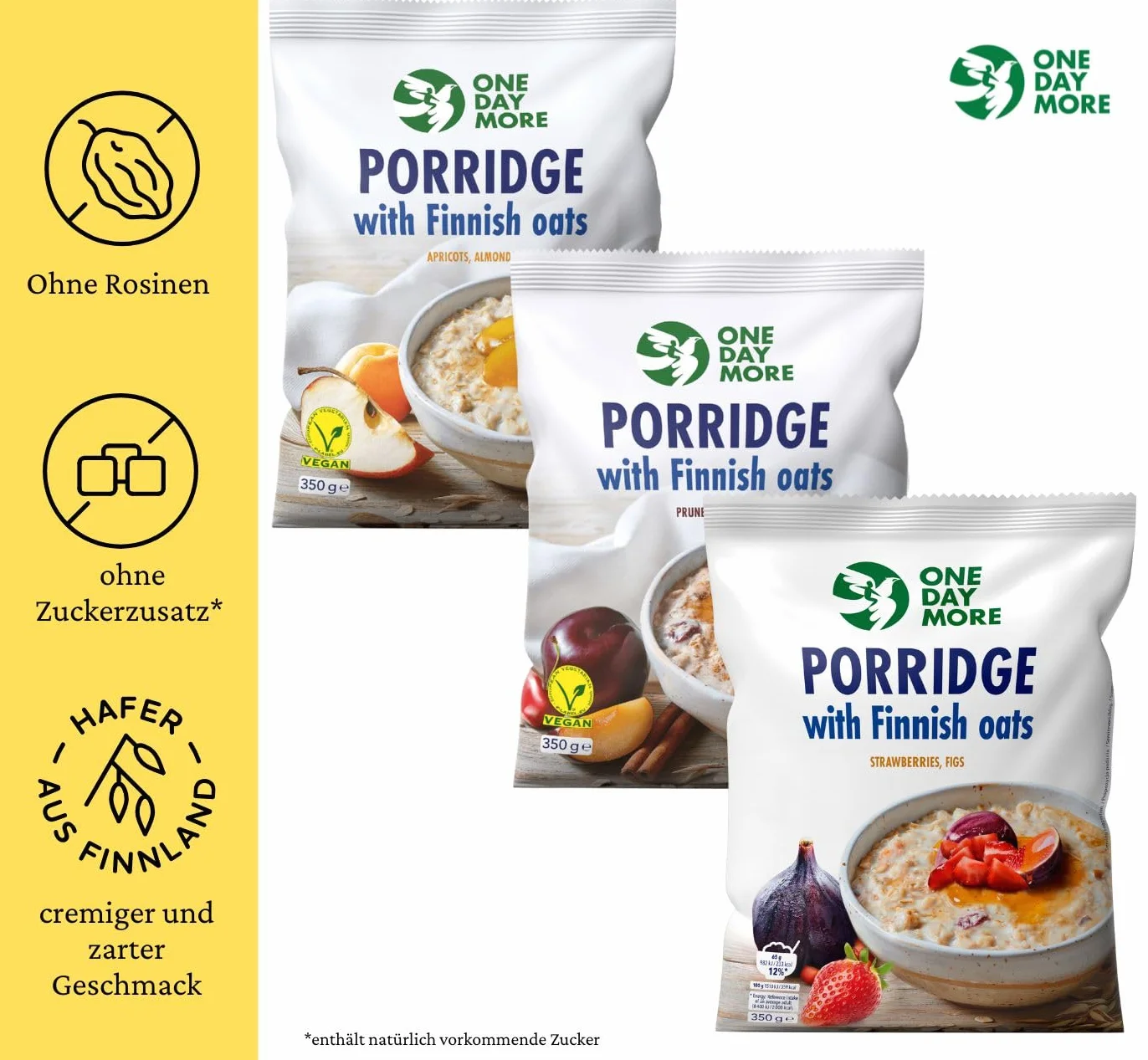 OneDayMore Zestaw Owsianek z Fińskimi Płatkami Owsianymi – Morela i Migdały, Śliwka i Wiśnia, Truskawka i Figa | 3×390 g | Naturalne Śniadanie Pełne Błonnika i Energii
