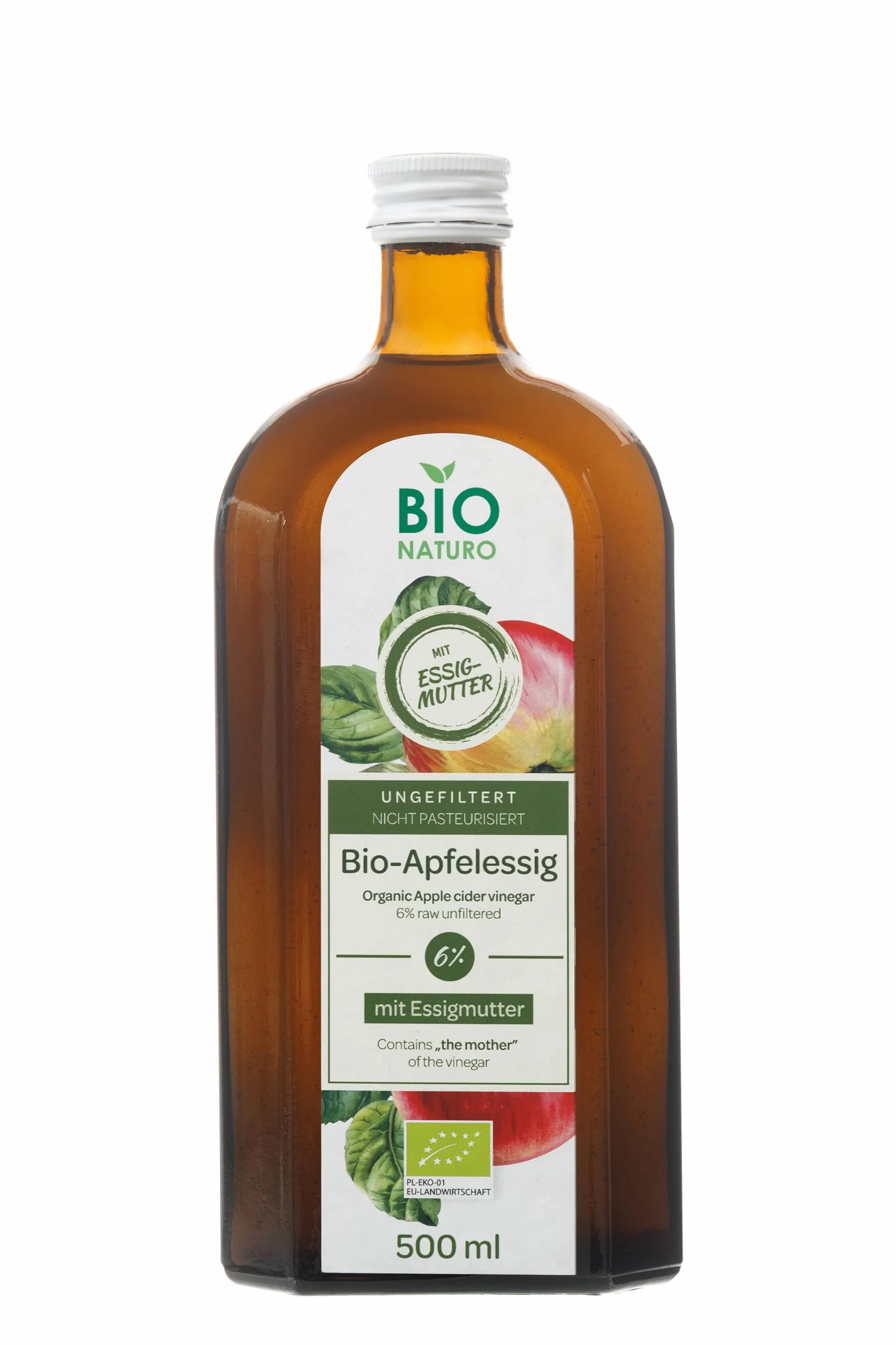 BIONATURO Organiczny ocet jabłkowy 6% 500ml - Ocet z ekologicznych Jabłek - Naturalnie mętny - Niefiltrowany, bogaty w składniki odżywcze - idealny do gotowania, diety i zdrowia - Ocet wegański