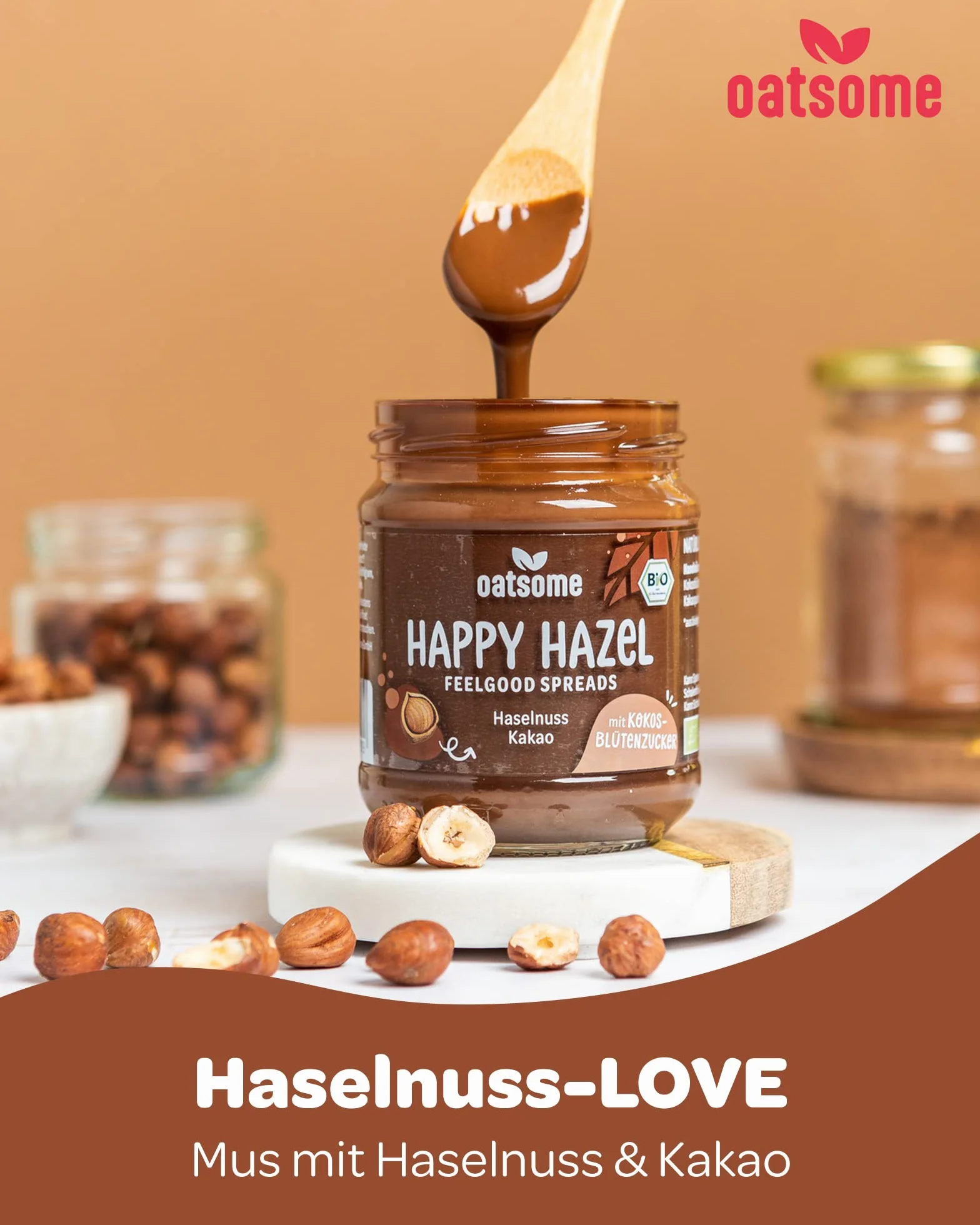 OATSOME® Happy Hazel Feelgood Spread | orzech laskowy i kakao | kremowy mus orzechowy | wegański, bez rafinowanego cukru i oleju palmowego, ekologiczny i w 100% naturalny, śniadanie, 200 g