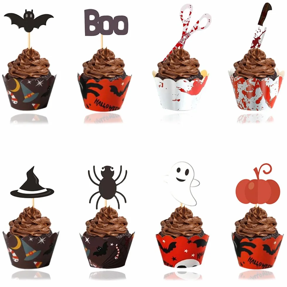 48 sztuk ozdób na babeczki na Halloween, krasnoludy, dynia, dekoracje na babeczki, nawiedzony dom, toppery na tort, na Halloween, imprezę, artykuły kuchenne, pieczenie babeczek