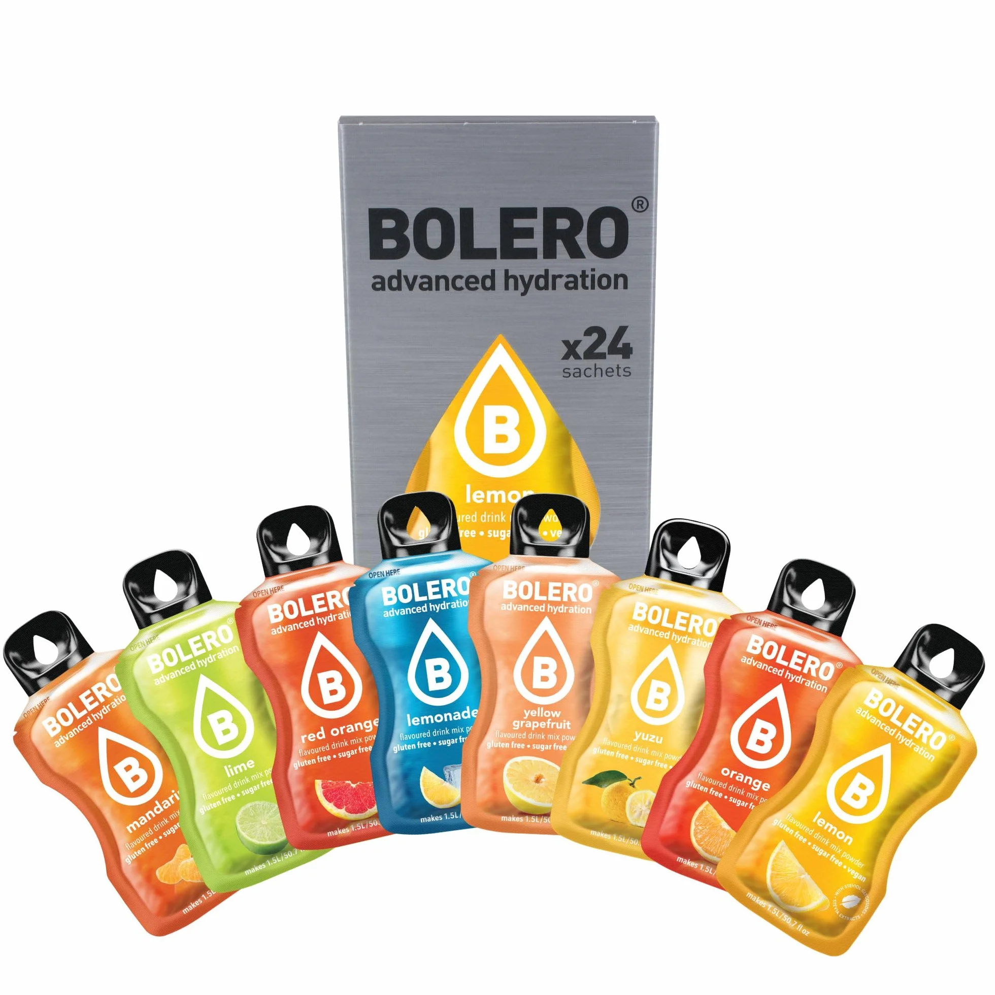 Bolero CITRUS MIX | 24x9g I Napój orzeźwiający bez cukru pudru ze stewią | Cytryna, mandarynka, limonka, pomarańcza, grejpfrut żółty, pomarańcza czerwona, lemoniada, tonik grejpfrutowy