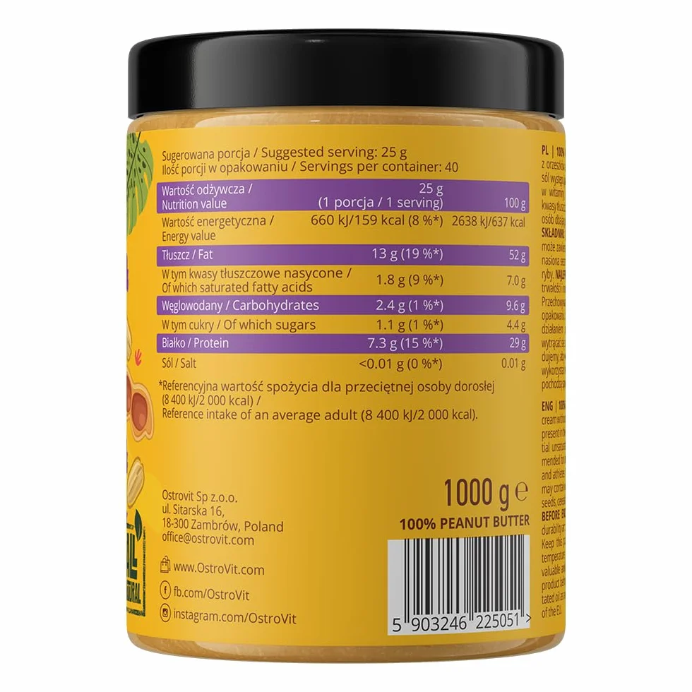 OstroVit 100% Krem Orzechowy Crunchy | 1000 g | 100% Orzechów Ziemnych | Bez Cukru, Bez Soli, Bez Oleju Palmowego | Naturalne Masło Orzechowe | Źródło Białka