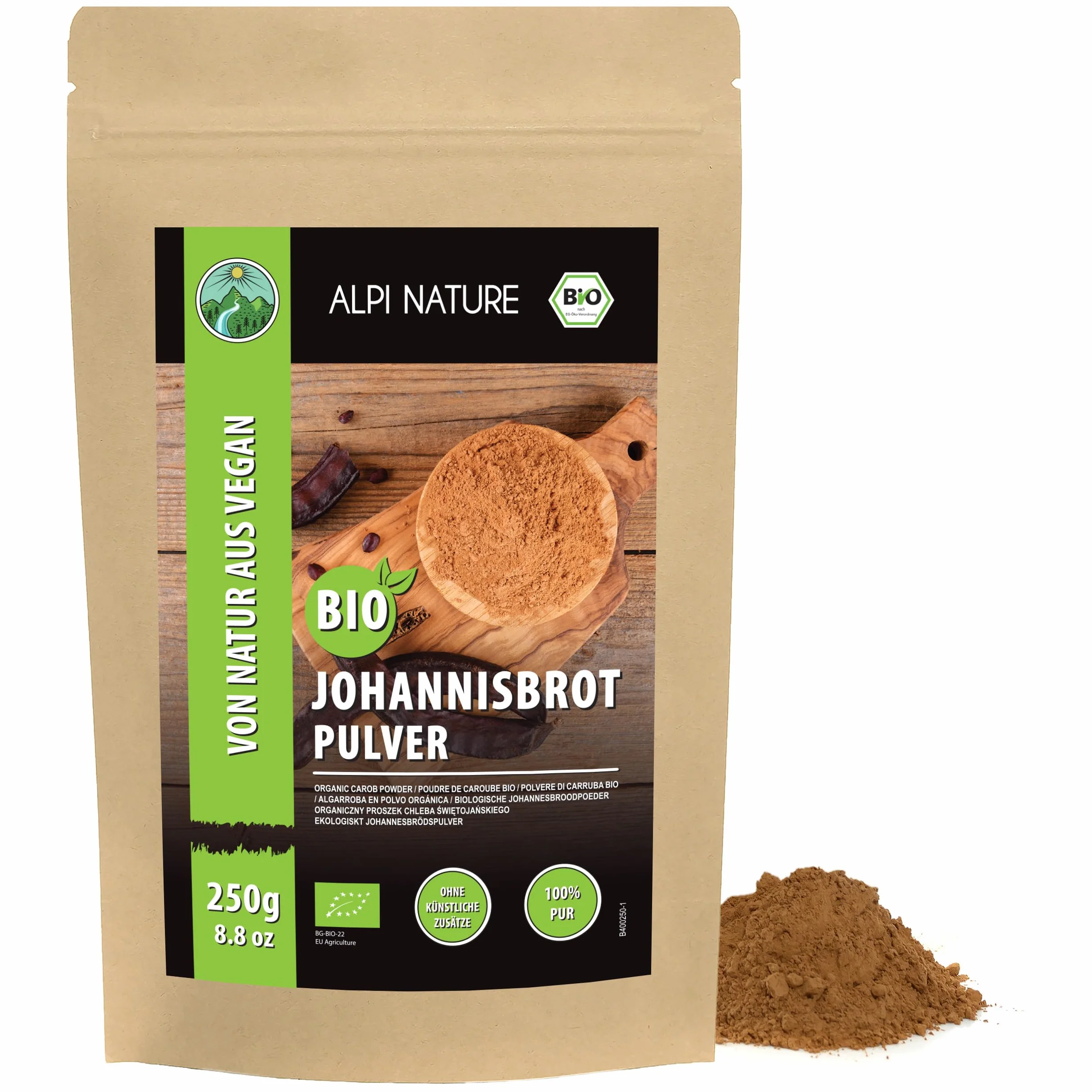 Alpi Nature Ekologiczny Proszek z Karobu 250g, Mielone Strąki Karobu, Naturalny Słodzik do Pieczenia